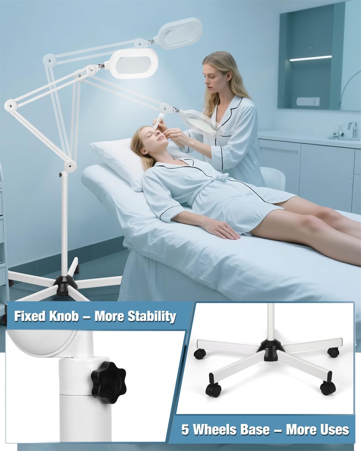 12X Magnifying Glass with Light and Stand, Large Rectangle Optical Glass Lens Floor lamp with 5 Wheels Rolling Base, 5 Color Modes LED Lighted Hands Free Magnifier for Reading Esthetician Facial Craft