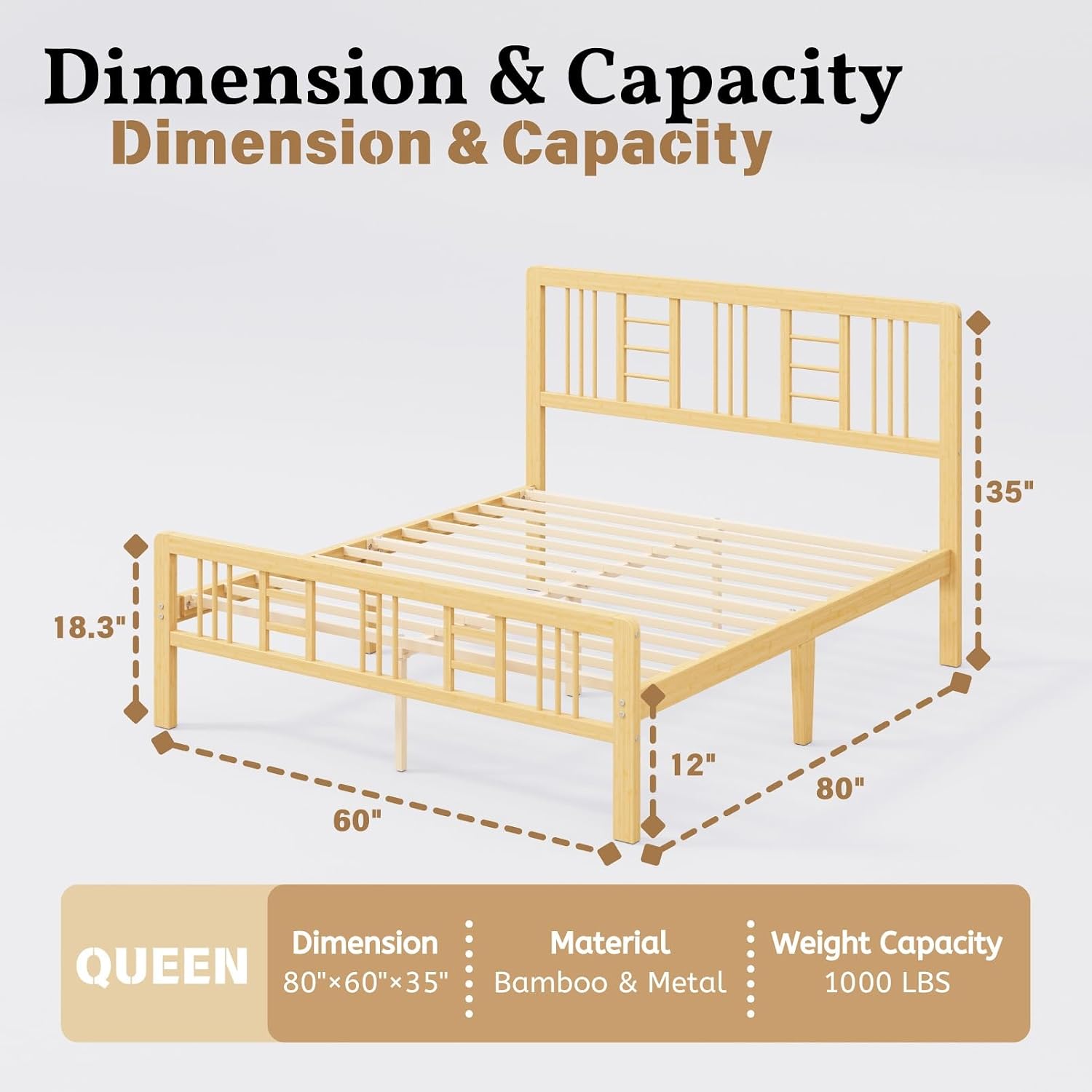12 Inch Bamboo Wood Queen Size Platform Bed Frame with Headboard and Footboard, Metal Slat Support Bed Frame Queen Size Heavy Duty, No Box Spring Needed, Easy Assembly, Noise Free, Reinforced