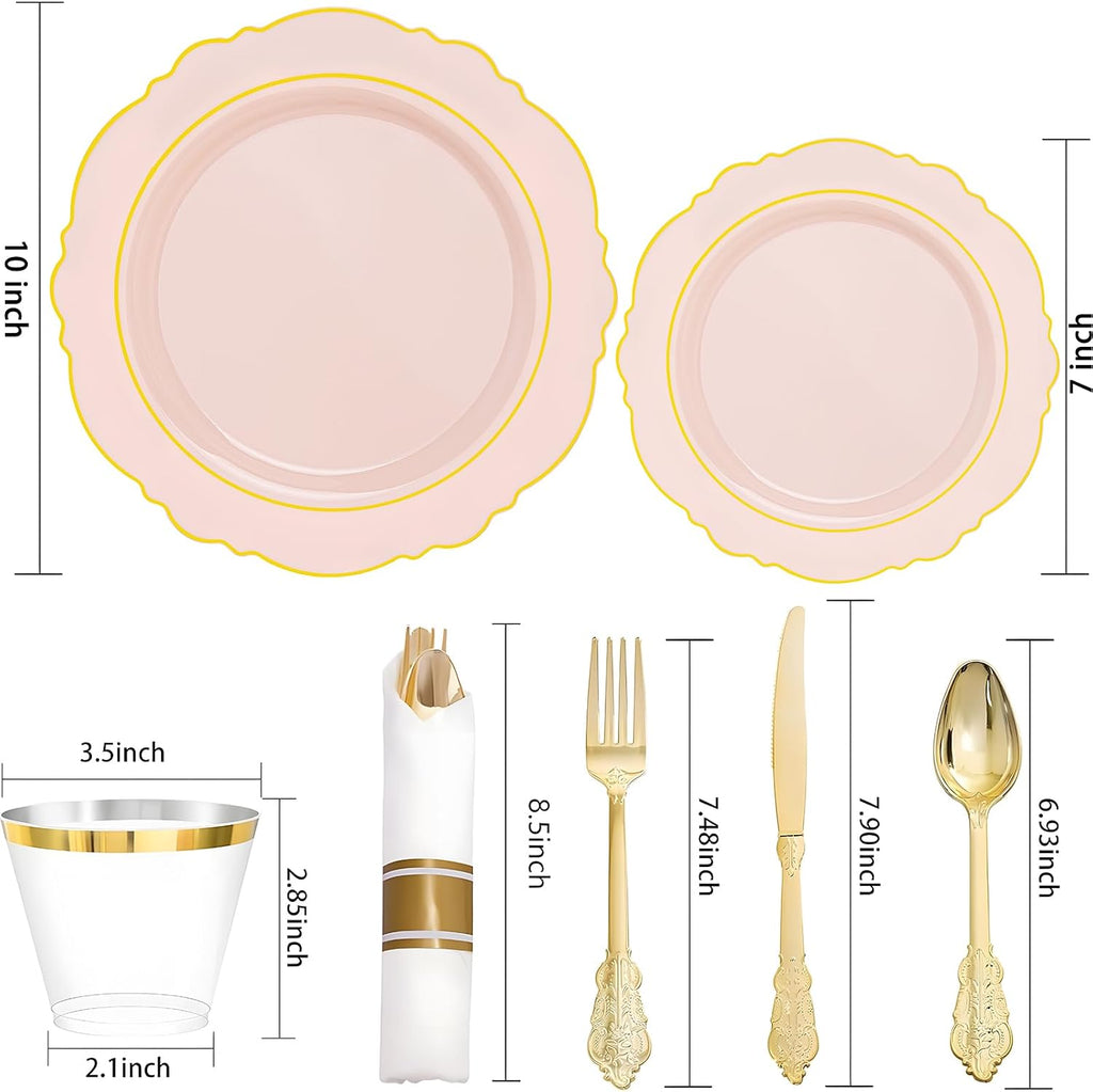Liacere 700PCS Pink Plastic Plates-Dinnerware Sets for 100 Guests-200 Disposable Plates(10inch,7inch),300 Pink Plastic Silverware,100 Cups,100 Napkins for Wedding&Galentines Day&Easter Day