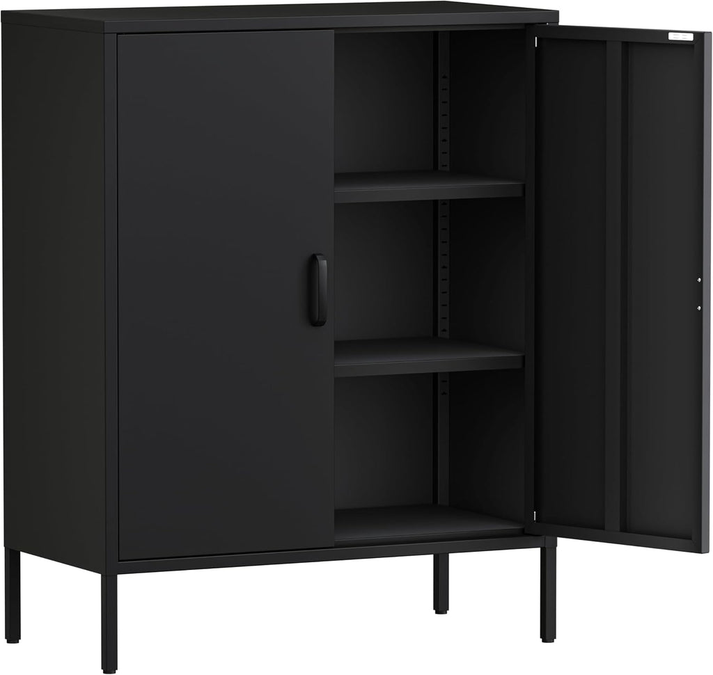 Bathroom Floor Storage Cabinet, 40' H Metal Locker, Small Black Cabinets with 2 Adjustable Shelves & 4 Doors,Freestanding Sideboard,Pantry Food Cabinet for Hallway,Home Office, Kitchen