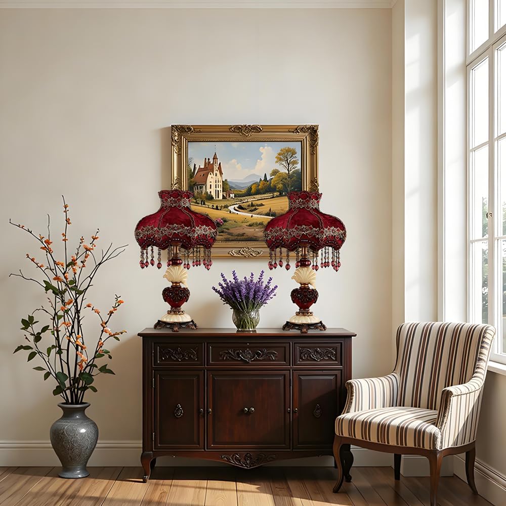 Red Victorian Table Lamp Embroidery Fabric Shade European Style Bedside Lamp W/Beaded Fringe Lace Elegant Princess Desk Lamp Vintage Antique Night Light for Bedroom Living Room Farmhouse