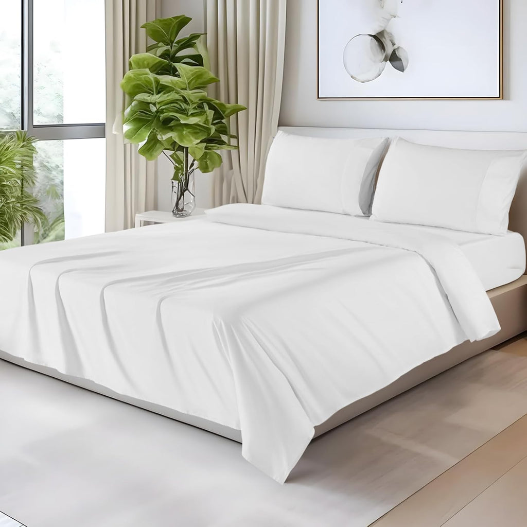 SONORO KATE 100% Egyptian Cotton Sheets - 1200 Thread Count, Luxury & Cooling Hotel Cotton Bed Sheets Set 4 Piece, Sateen Weave for Soft Feel, Fits Upto 16' Mattress (White, Full)