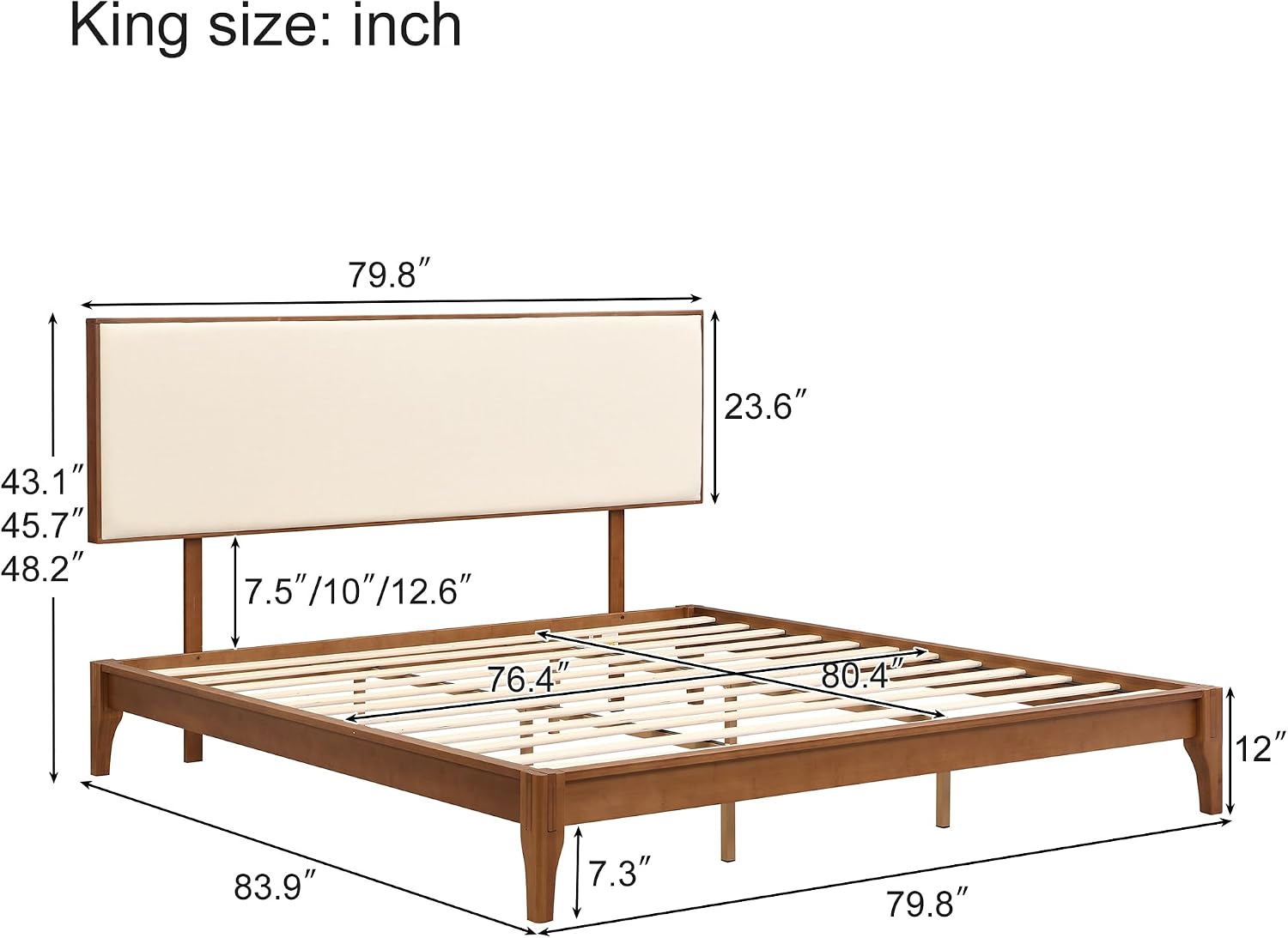 Merax King Size Bamboo Platform Bed, Mid-Century Modern Bed Frame with Upholstered Adjustable Headboard, Wood Slat Support, No Box Spring Needed, Easy Tool-Free Assembly, Brown+Beige