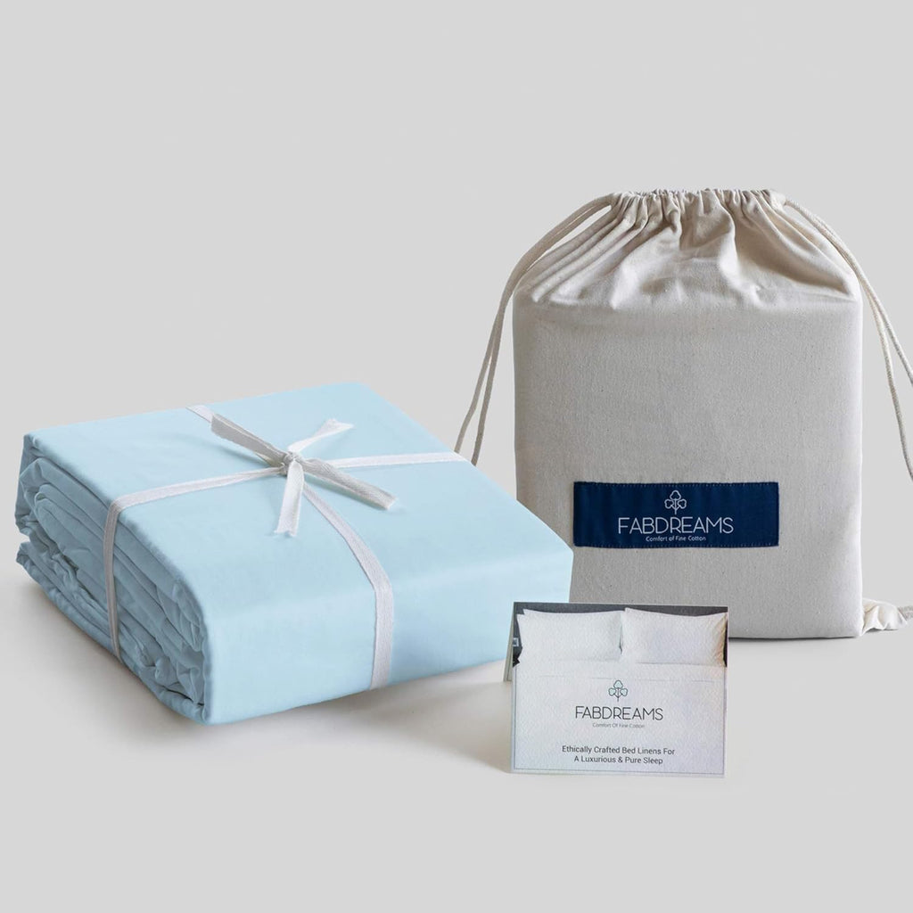Fabdreams 100% Organic Cotton Percale Weave Queen Size Sheet Set | 300 Thread Count | GOTS Certified | Long Staple Cotton | Cool Crisp Breathable | Fits Upto 17' Deep Pocket | Light Blue