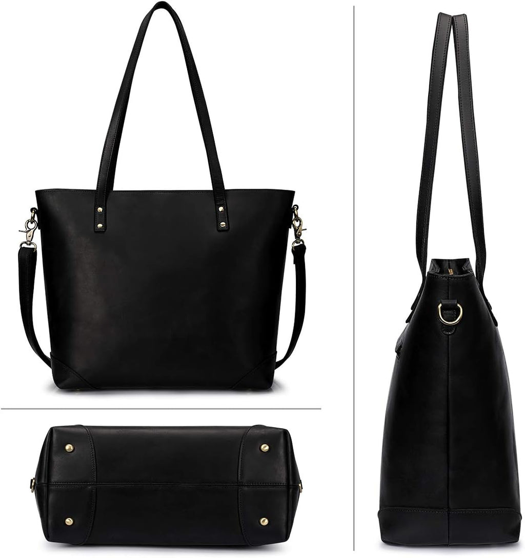 S-ZONE Vintage Genuine Leather Shoulder Bag Work Totes for Women Purse Handbag with Back Zipper Pocket Large
