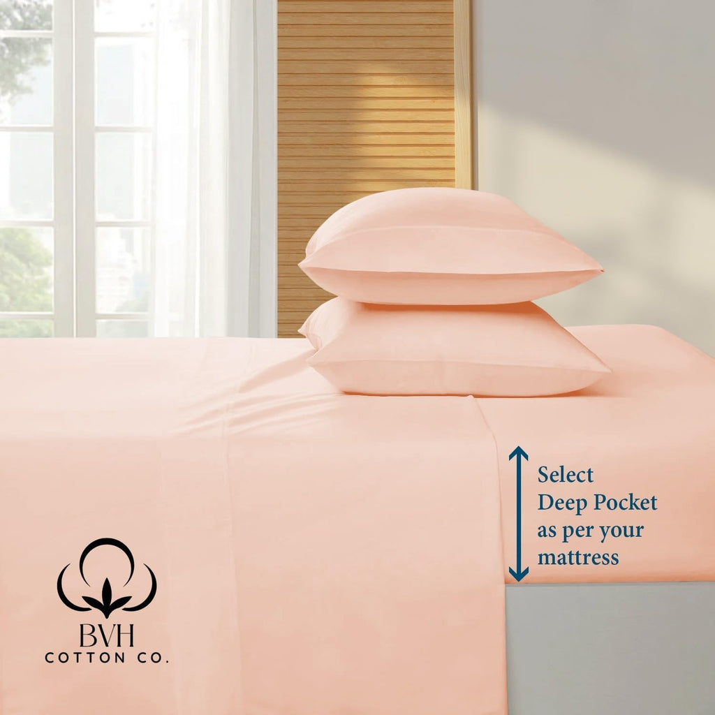 Egyptian Cotton Queen Size Sheet Set, 4Pc Bed Set, Soft & Breathable Percale Weave, Fits 10-12' Deep Pocket, Hotel-Quality 1000 Series Bed Sheets (Solid, Peach)