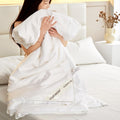 YOUR MOON Pure Mulberry Silk Comforter Queen Size for All Season, Natural Long Strand Silk Fill Duvet, Luxury Mulberry Silk Bedding, Noiseless Smooth Jacquard Rayon Derived from Bamboo Shell(White)