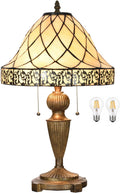 TL0028 Tiffany Table Lamp Stained Glass Lampshade Beige-Like Color with Geometric Pattern, Warm Glow & Elegant Design, Antique Finished Lamp Base, W 14 X H 24 Inches, LED Bulb Included
