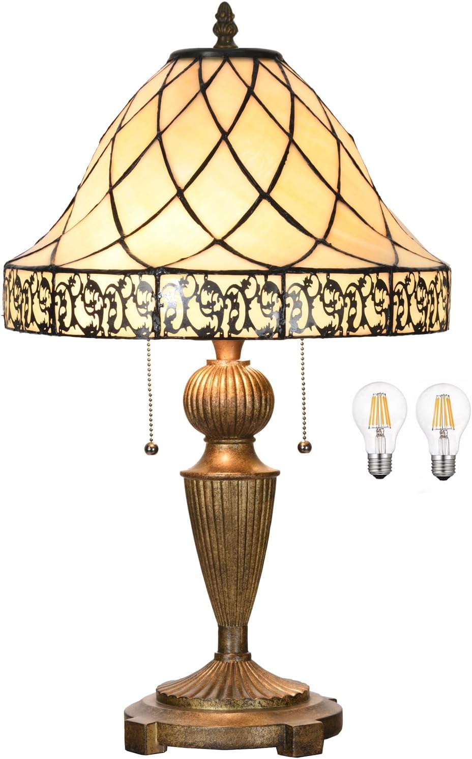 TL0028 Tiffany Table Lamp Stained Glass Lampshade Beige-Like Color with Geometric Pattern, Warm Glow & Elegant Design, Antique Finished Lamp Base, W 14 X H 24 Inches, LED Bulb Included