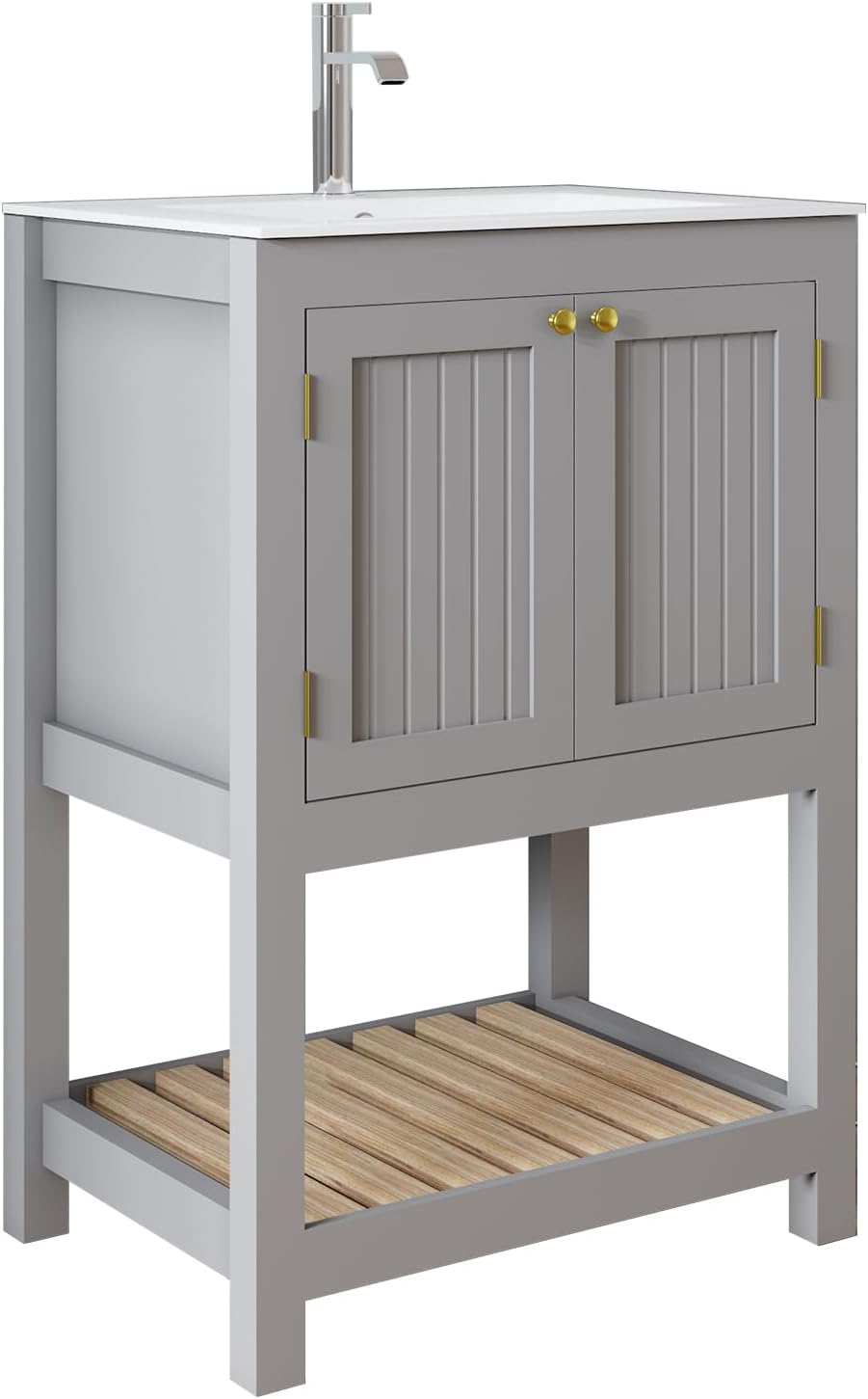 24 Inch Small Bathroom Vanity with Sink, Modern Bathroom Sink Cabinet with Open Shelf, Ceramic Basin, Gray
