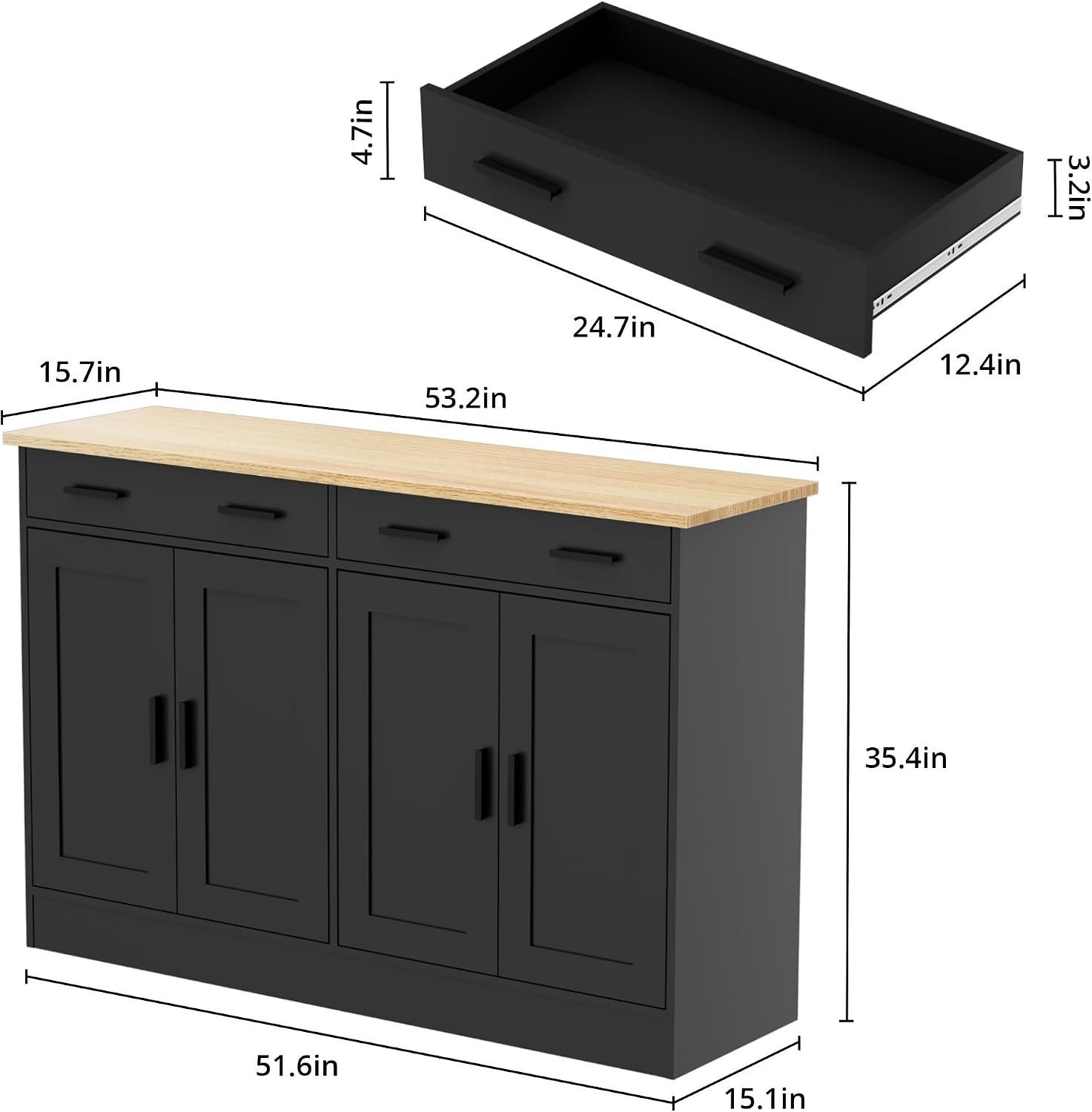 Anystyle 53' Black Buffet Cabinet with Storage, Kitchen Sideboard Buffet Server with 2 Drawers & 4 Doors, Modern Coffee Bar Cabinet Credenza for Dining Room, Living Room, Hallway