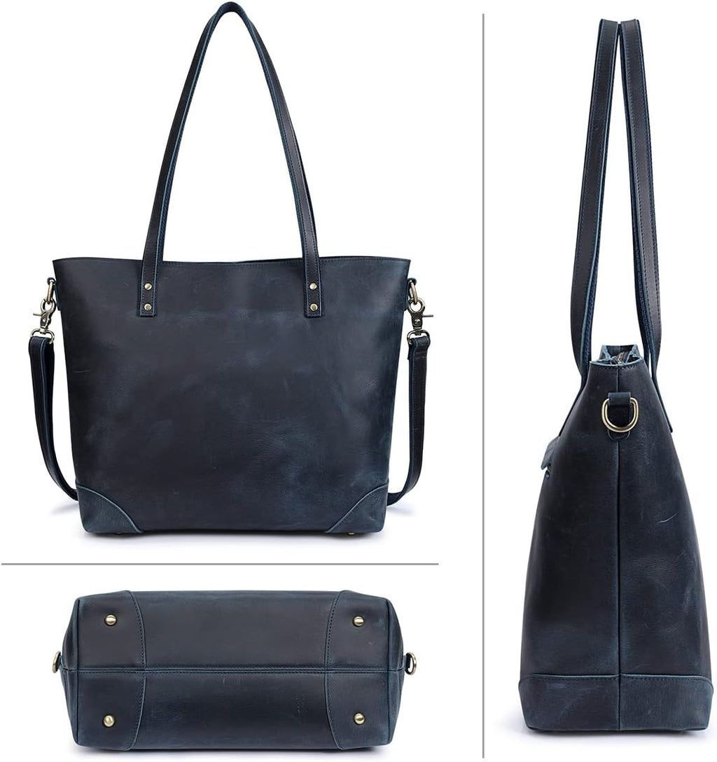 S-ZONE Vintage Genuine Leather Shoulder Bag Work Totes for Women Purse Handbag with Back Zipper Pocket Large