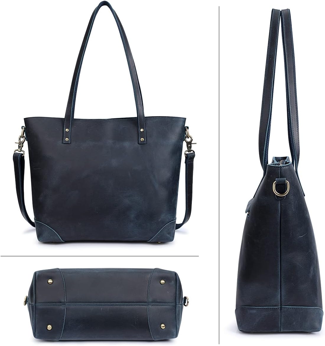 S-ZONE Vintage Genuine Leather Shoulder Bag Work Totes for Women Purse Handbag with Back Zipper Pocket Large