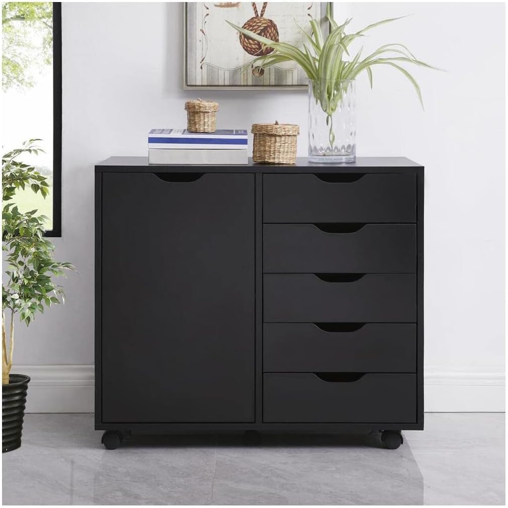 5-Drawer Wood Drawer Cabinet, Office Storage Cabinet with Adjustable Shelf & Wheels, Printer Stand for Home Office, Black, 15.7' D x 30.7' W x 25.4' H