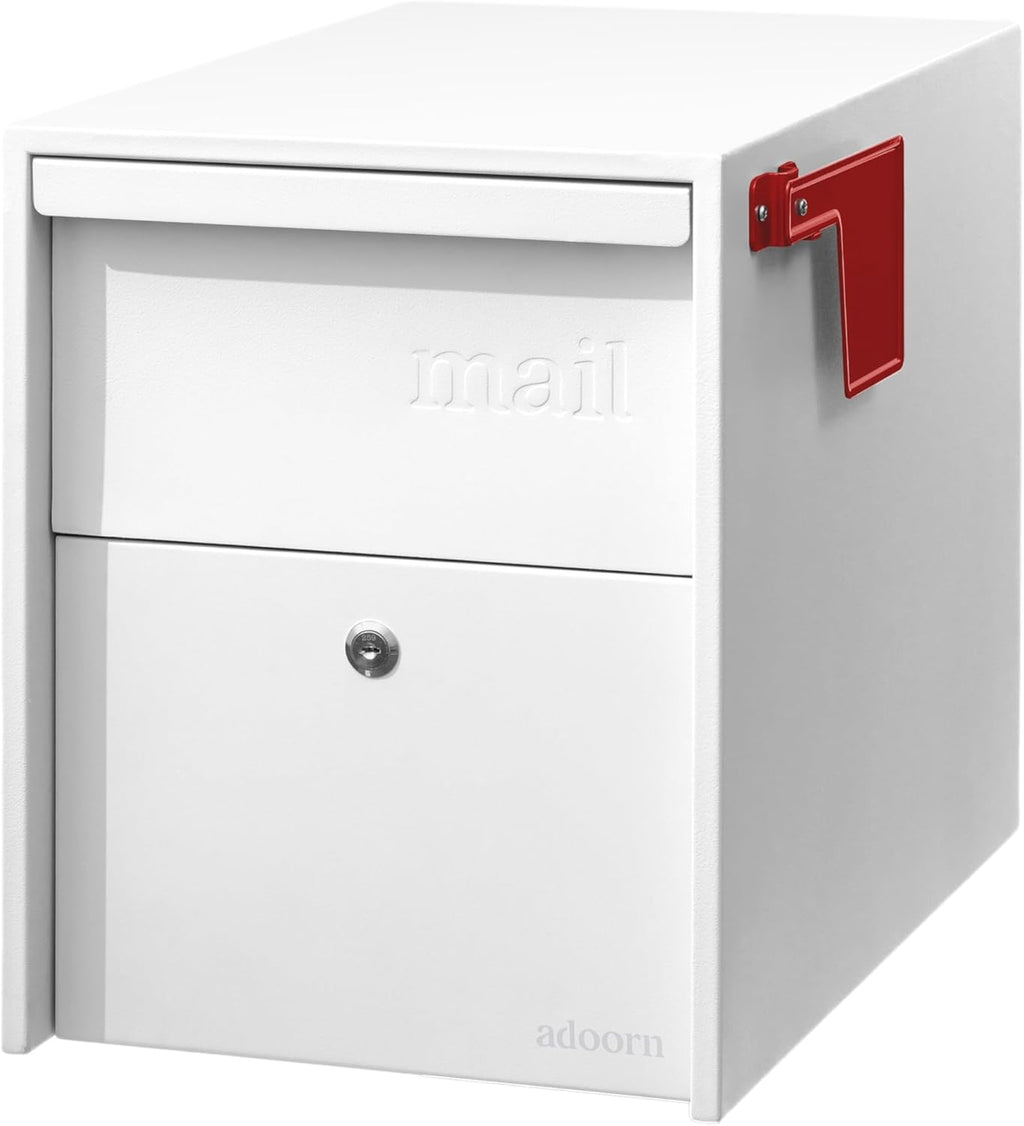 Adoorn Lockable Post Mount Mailboxes for Outside - Large Anti-Theft Locking Mailbox for Packages and Letters - Weatherproof Construction - Durable Steel - 15.5' H x 12' W x 18.5' D - White