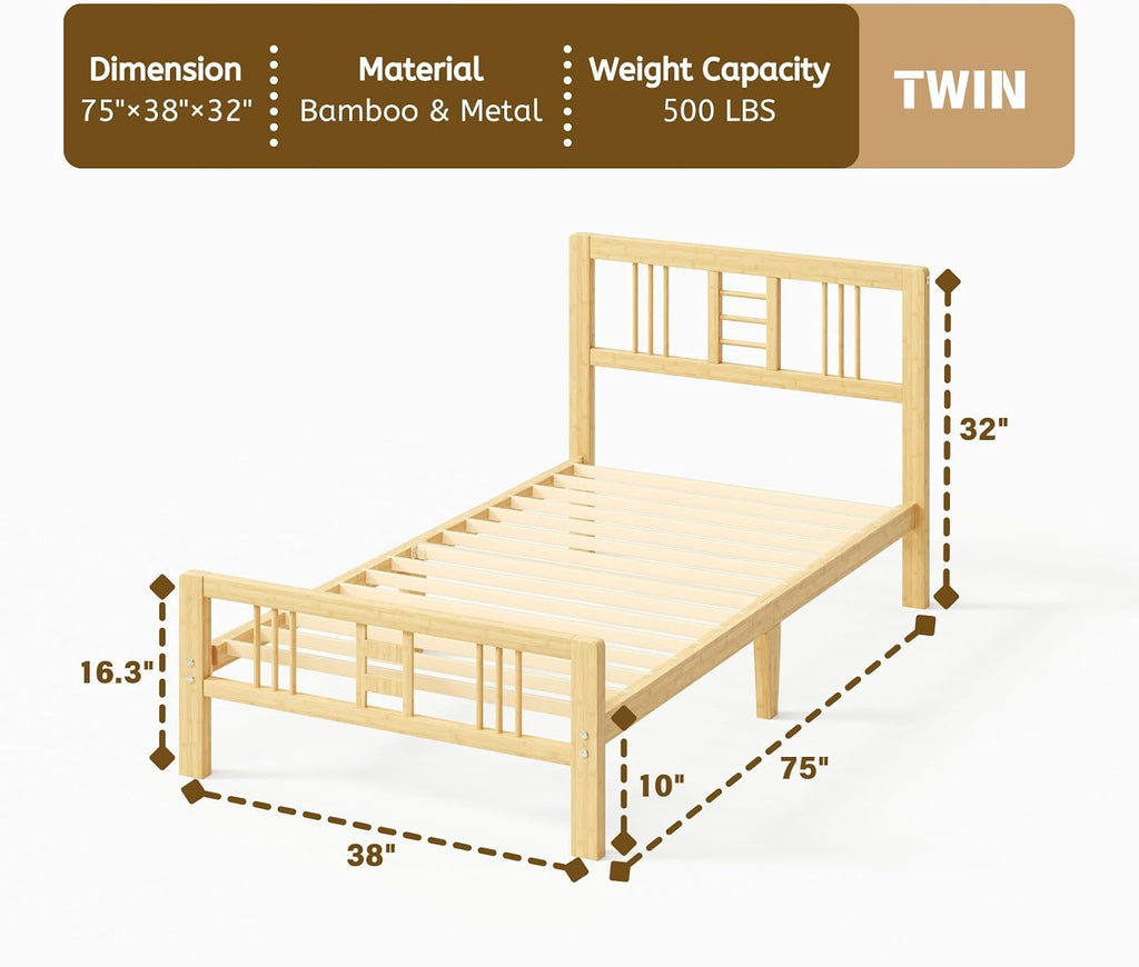 10 Inch High Bamboo Twin Bed Frame with Headboard and Footboard, Wood Bed Frame Twin Metal Slat Support Heavy Duty, No Box Spring Needed, Easy Assembly, Noise Free, Reinforced
