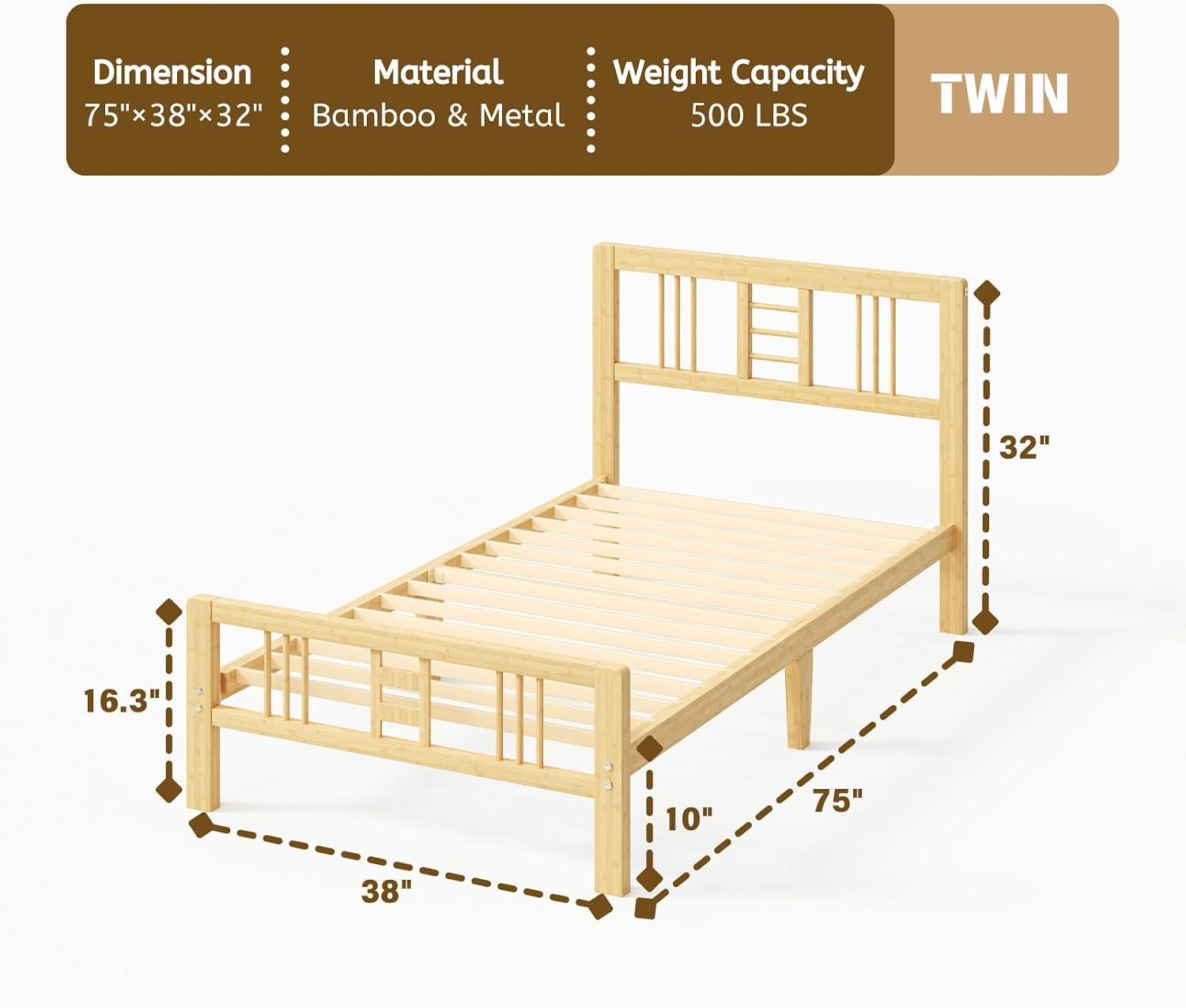 10 Inch High Bamboo Twin Bed Frame with Headboard and Footboard, Wood Bed Frame Twin Metal Slat Support Heavy Duty, No Box Spring Needed, Easy Assembly, Noise Free, Reinforced