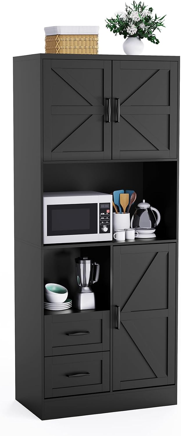 Bigbiglife Farmhouse Kitchen Pantry Cabinet with LED Lights and Power Strip, Tall Kitchen Storage Cabinet, Kitchen Hutch with Microwave Stand & Barn Doors and Drawers for Dining Room