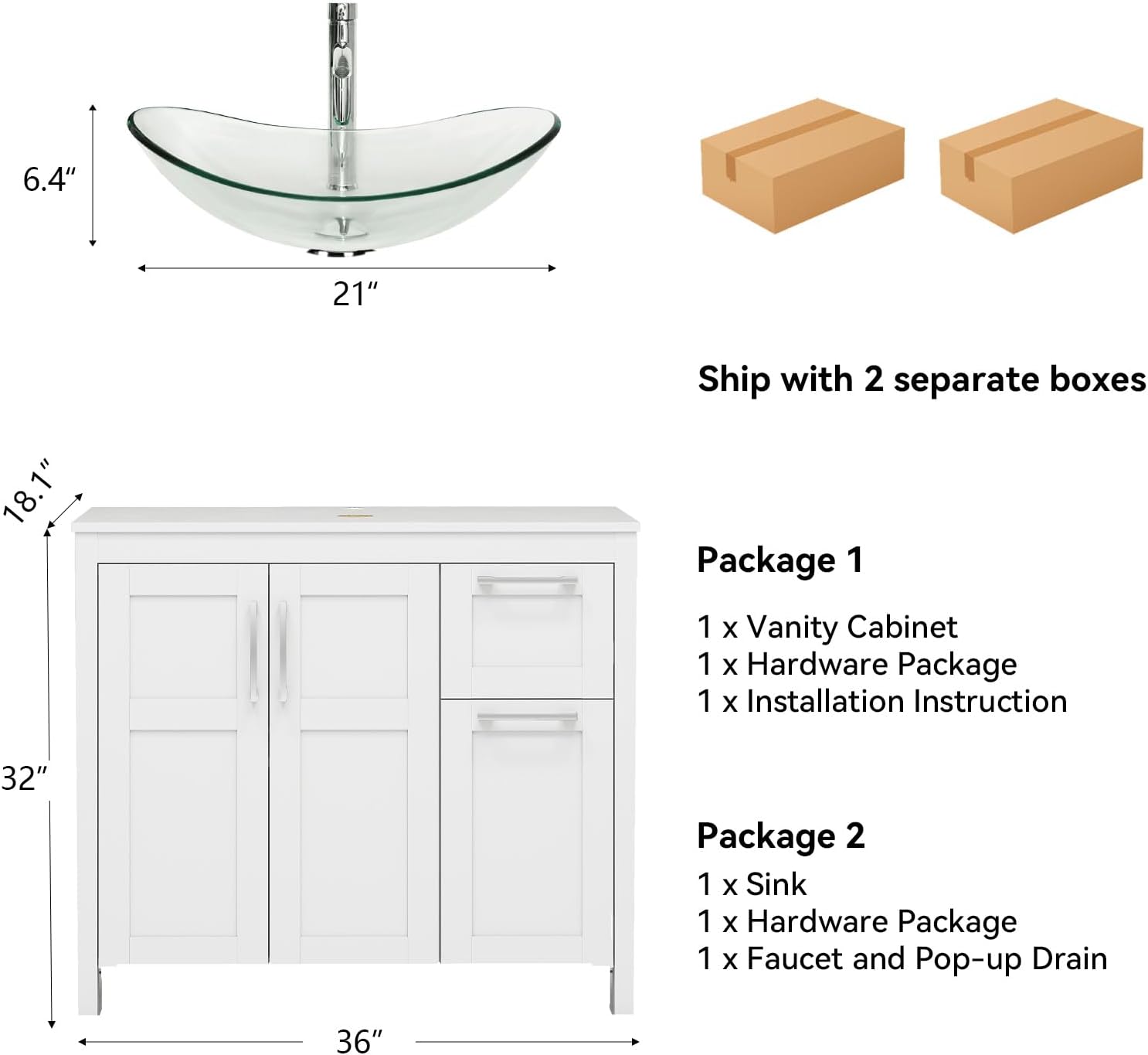 YOURLITE 36 Inches Traditional Bathroom Vanity Set with Single Faucet Hole, Clear Boat Glass Sink, White Finish, 2-Door Cabinet