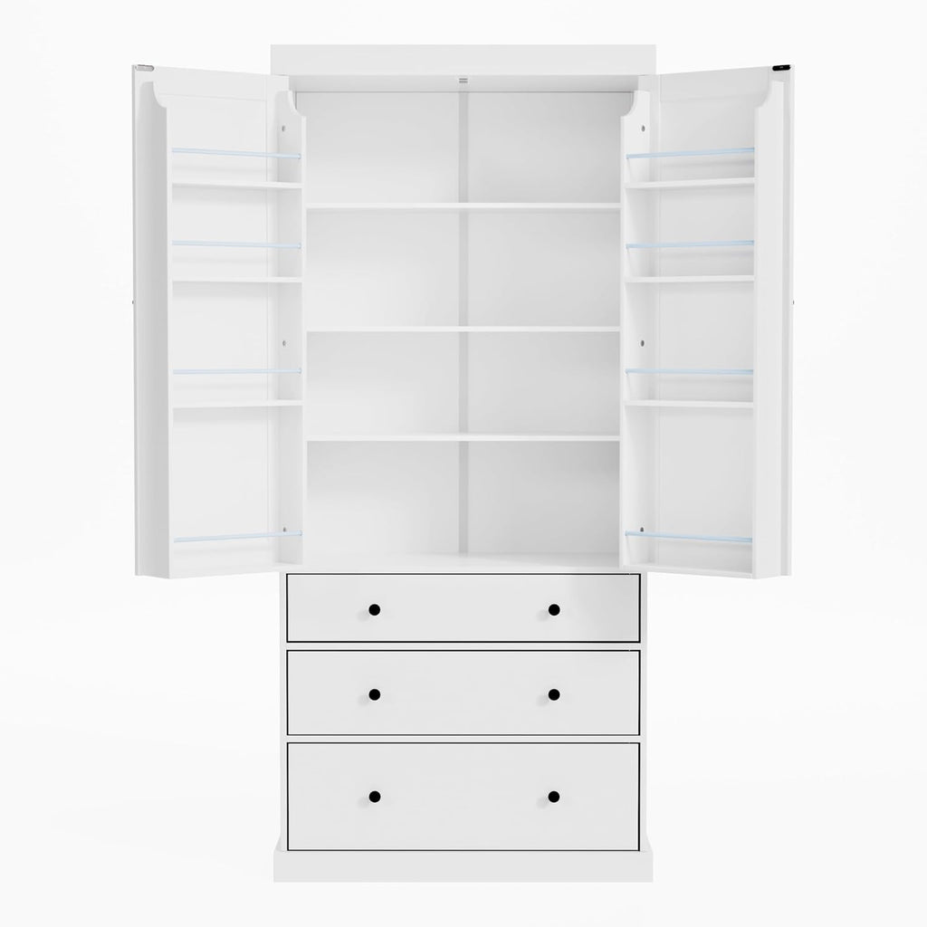 77inch Farmhouse Kitchen Pantry, Wood Storage Cabinet with 3 Adjustable Shelves, Freestanding Tall Cupboard Storage Cabinet with 8 Door Shelves and 3 Drawers for Kitchen, Dining Room (White-1)