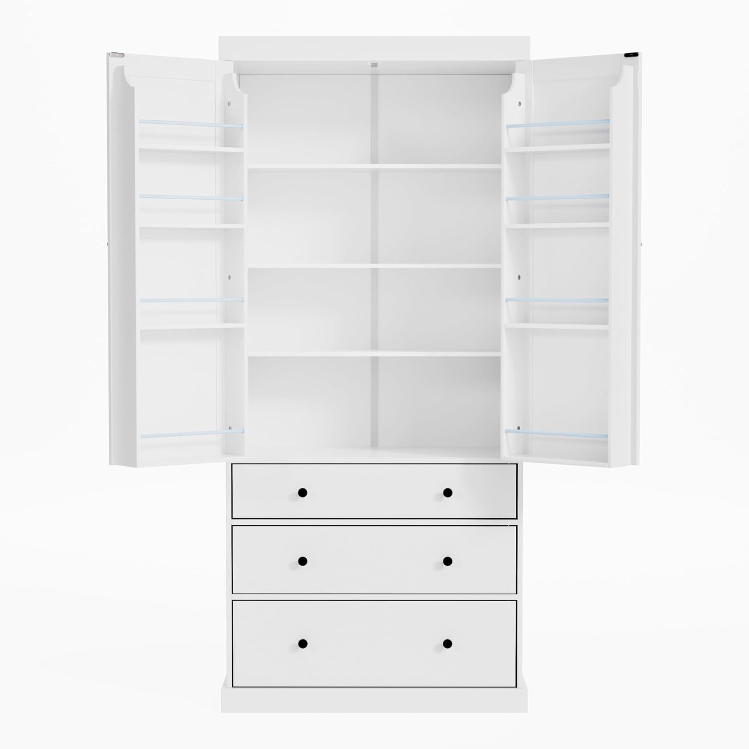 77inch Farmhouse Kitchen Pantry, Wood Storage Cabinet with 3 Adjustable Shelves, Freestanding Tall Cupboard Storage Cabinet with 8 Door Shelves and 3 Drawers for Kitchen, Dining Room (White-1)