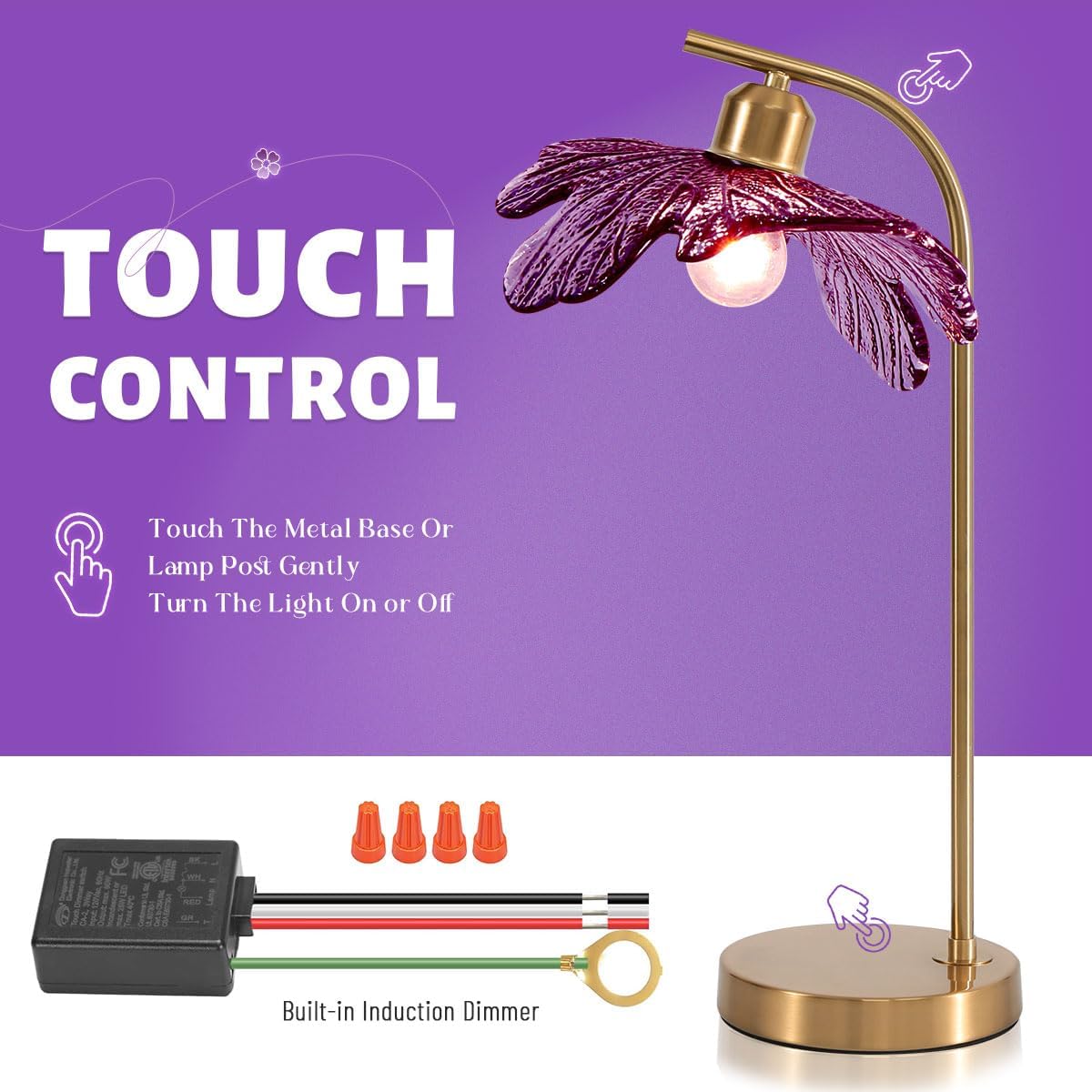 Touch Control Table Lamp, Mid Century Modern Gold Nightstand Lamp, 18.9-inch Vintage Purple Glass Table Light for Bedroom, Living Room, Farmhouse End Table, Set of 2