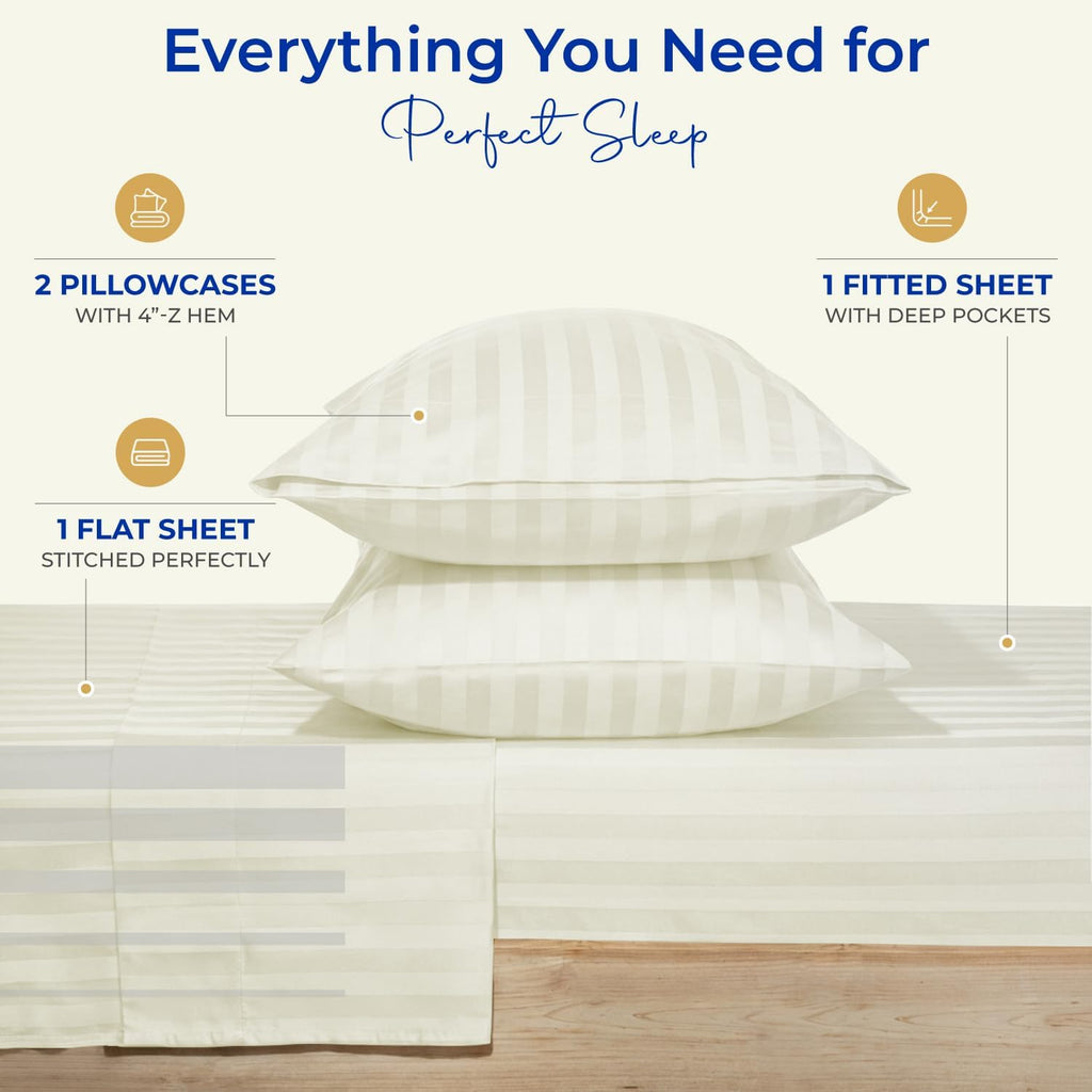 THREAD SPREAD Queen Sheet Set, Luxury 1000 Series Paradise Collection 100% Egyptian Cotton Damask Striped Bed Sheets Queen Size (4 PC, Ivory Stripe), Cooling 16' Deep Pocket Hotel Sheet Set