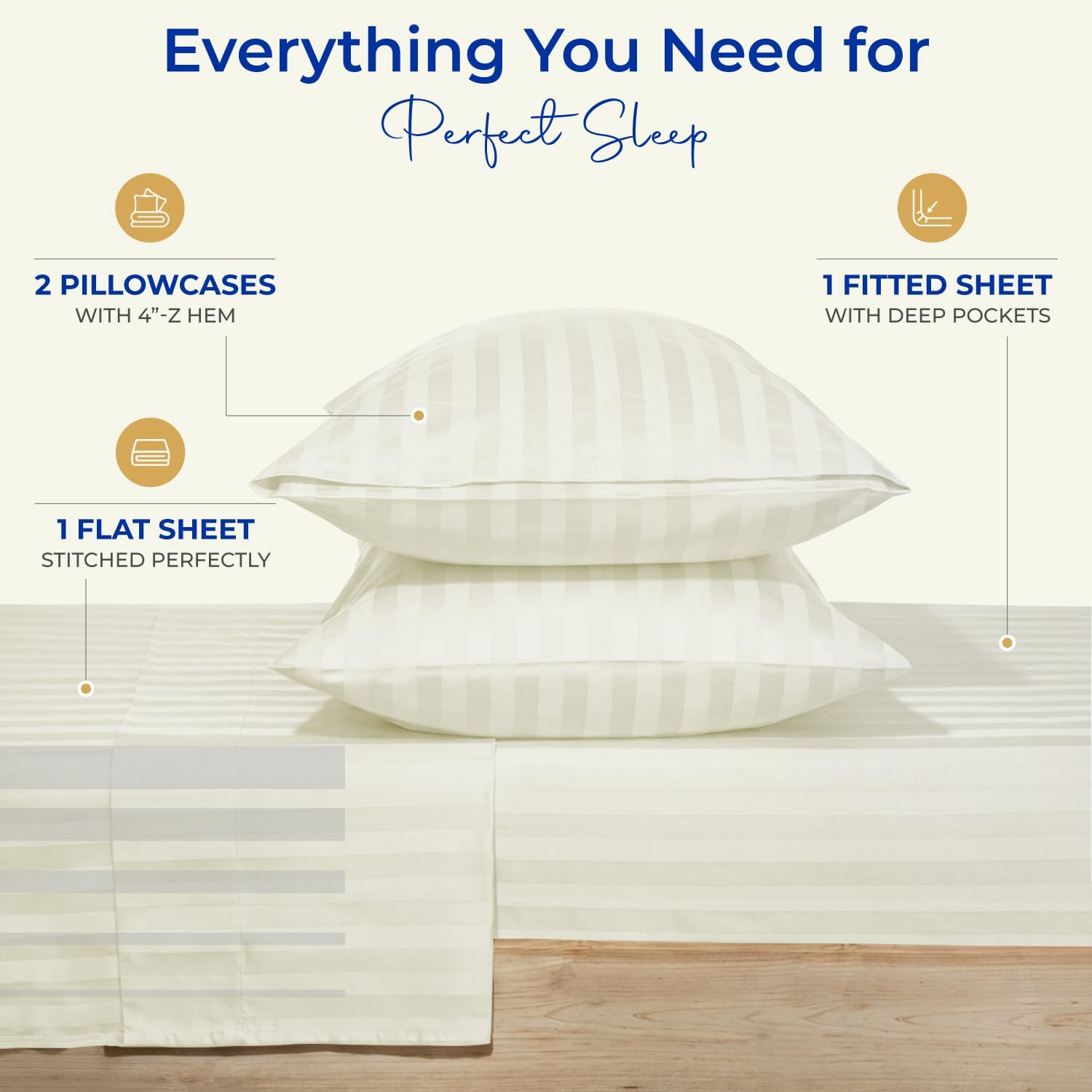 THREAD SPREAD Queen Sheet Set, Luxury 1000 Series Paradise Collection 100% Egyptian Cotton Damask Striped Bed Sheets Queen Size (4 PC, Ivory Stripe), Cooling 16' Deep Pocket Hotel Sheet Set