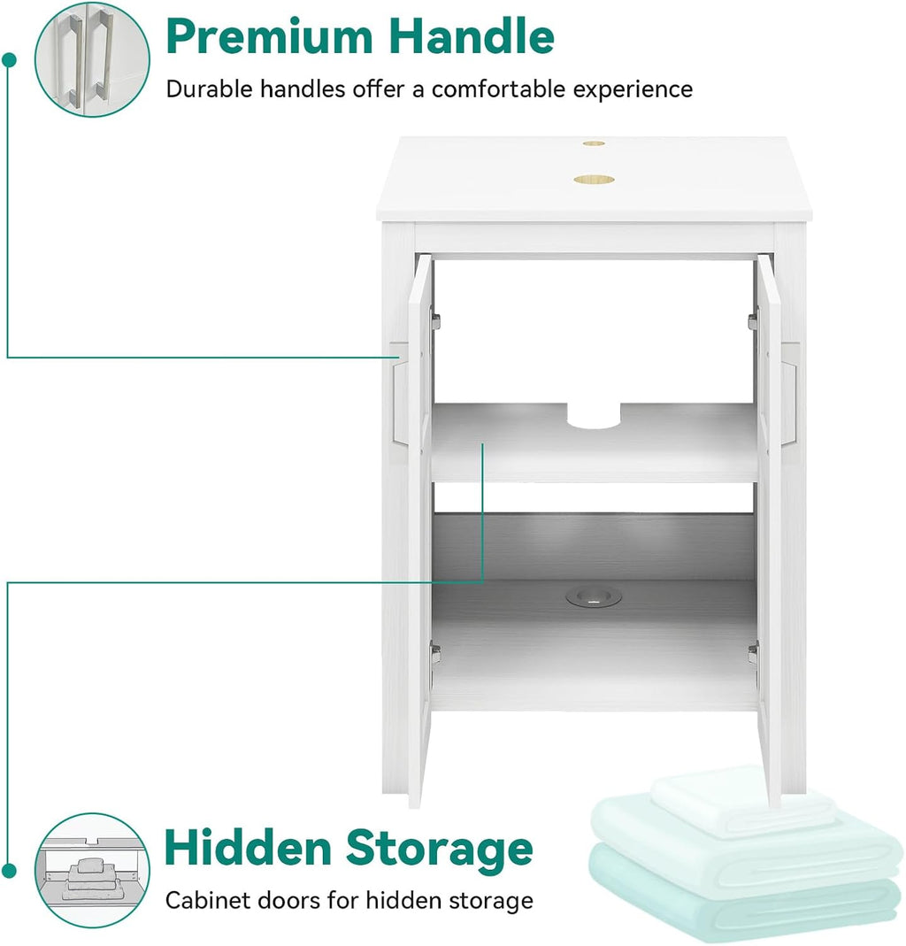 YOURLITE 24 Inches Traditional Bathroom Vanity Set with Single Faucet Hole, Clear Boat Glass Sink, White Finish, 2-Door Cabinet
