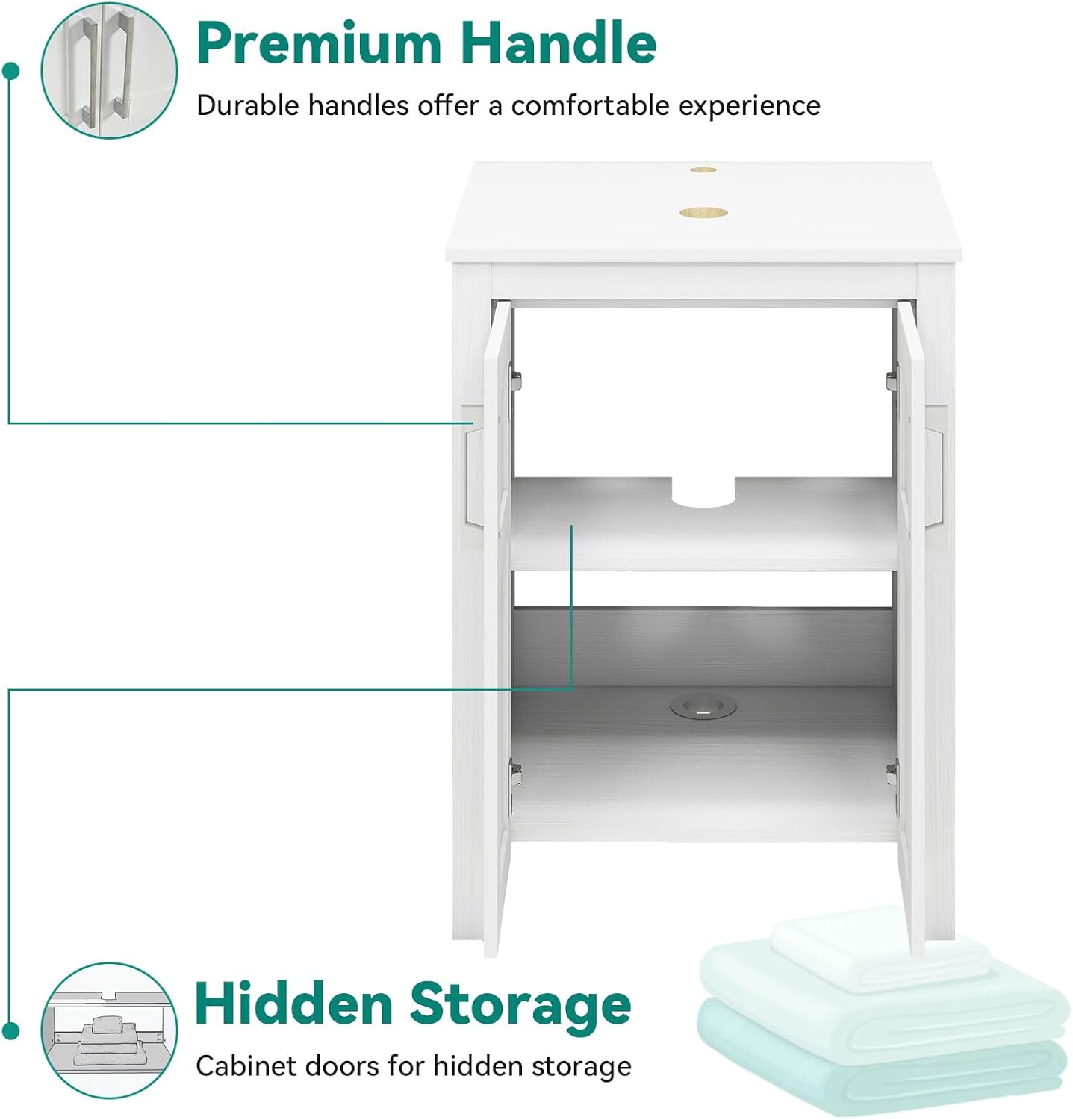 YOURLITE Bathroom Vanity with Sink, 24' White Bathroom Vanity Sink Combo with Black White Ceramic Basin Faucet & Pop Up Drain Set