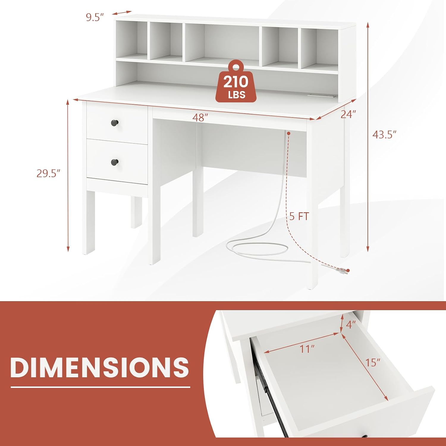 Tangkula White Desk with Drawers & Hutch, Modern Home Office Desk Writing Study Desk with Charging Station, Laptop Desk with 5 Storage Compartments, Computer Workstation Makeup Vanity Desk