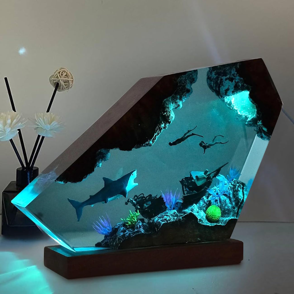 Shark Ocean Resin Lamp, Handmade Resin Night Light for Home Office Decor, Multi-Color LED Light with USB Port, Shark Gifts for Women & Men, Birthday Holiday Marine Biology Gifts for Kids (8'x5')