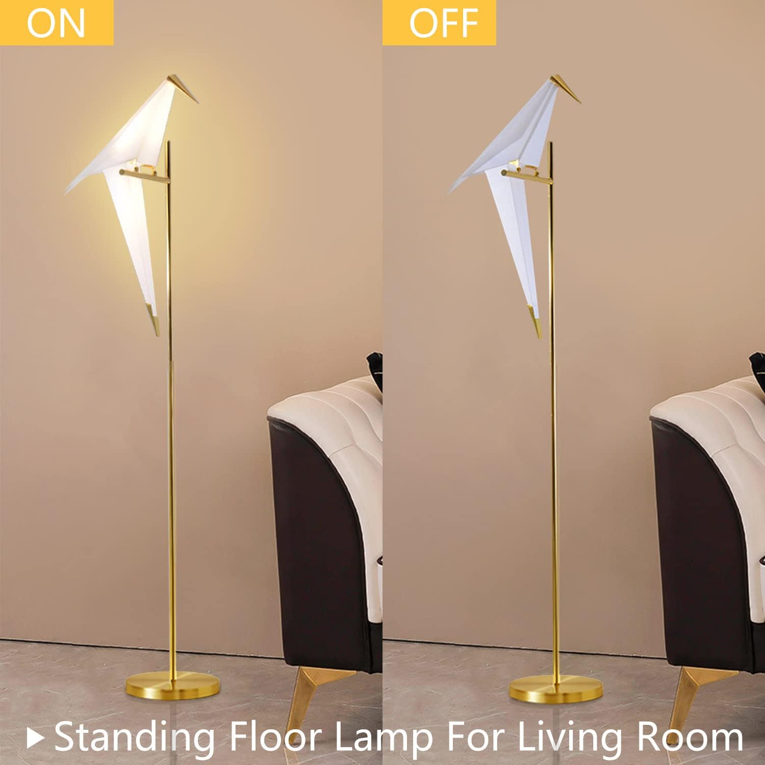 62-Inch Modern Bird Floor Lamp, Origami Bird Lamp Gold Standing Lamp with Birds Shade Swing Paper Crane Floor Light Fixtures for Living Room Bedroom Office