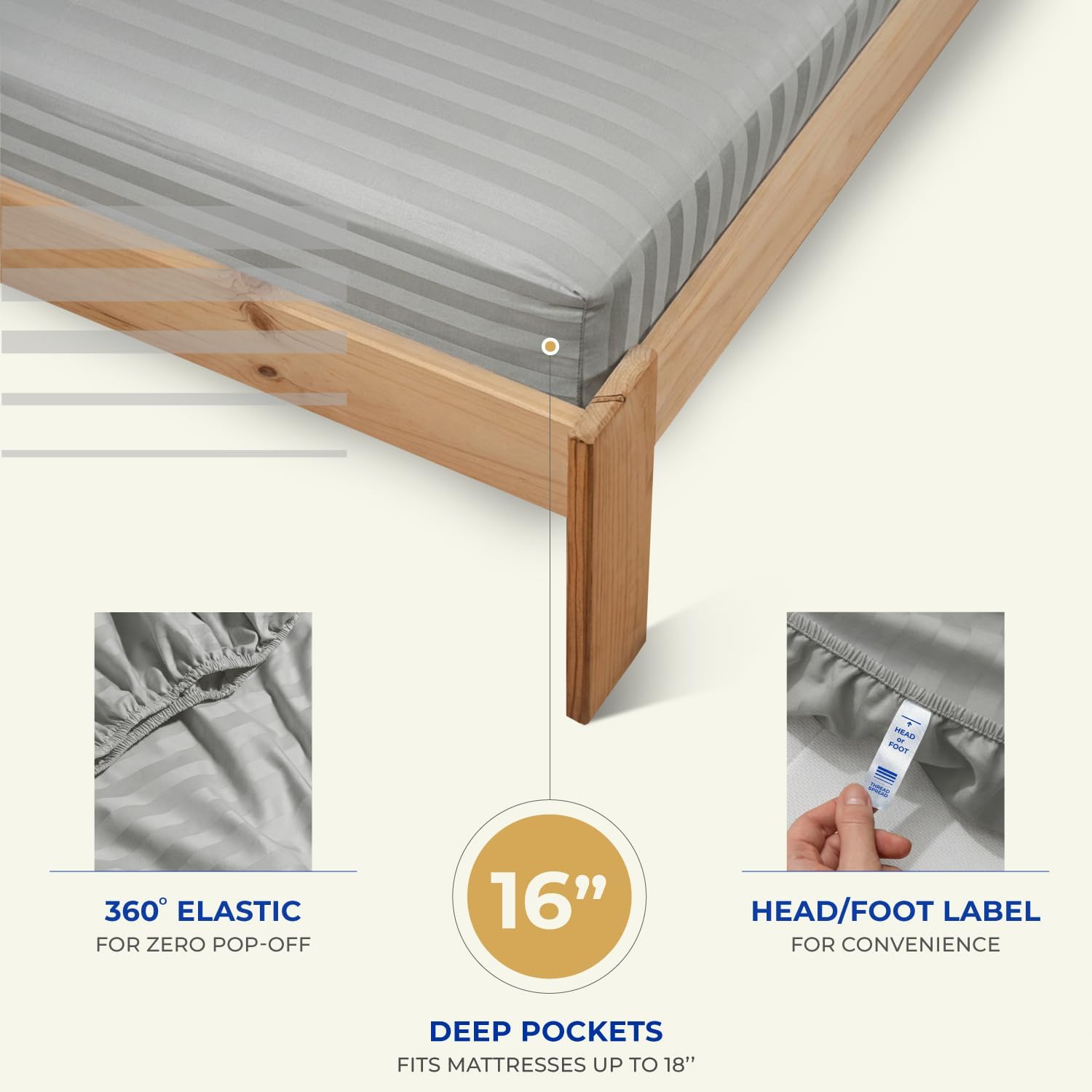 THREAD SPREAD Queen Sheet Set, Luxury 1000 Series Paradise Collection 100% Egyptian Cotton Damask Striped Bed Sheets Queen Size (4 PC, Silver Grey Stripe), Cooling 16' Deep Pocket Hotel Sheet Set