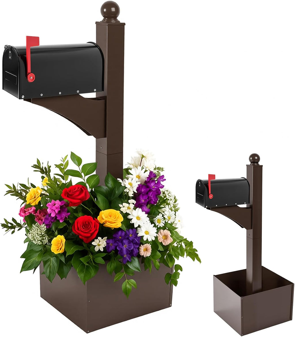 Colingmill Brown and Black Iron Mailbox Posts with Mailbox and Planter Box for Outside Decorative Ground Mounting Post 56 Inch / 4.6 ft Tall Heavy Duty Stand for Outdoor Use