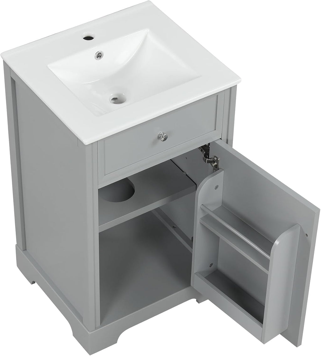 Flieks 20' Bathroom Vanity with Sink, Bathroom Cabinet with Soft Closing Door, Storage Rack and Adjustable Shelve, Grey