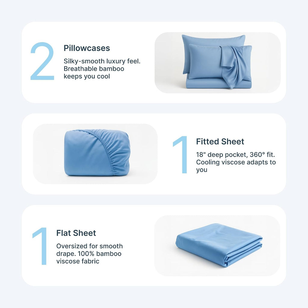 BedVoyage Cooling Sheets Queen – Viscose from Bamboo, Sheet Set for Hot Sleepers, 18' Deep Pocket, Soft Breathable Bedding, Ocean