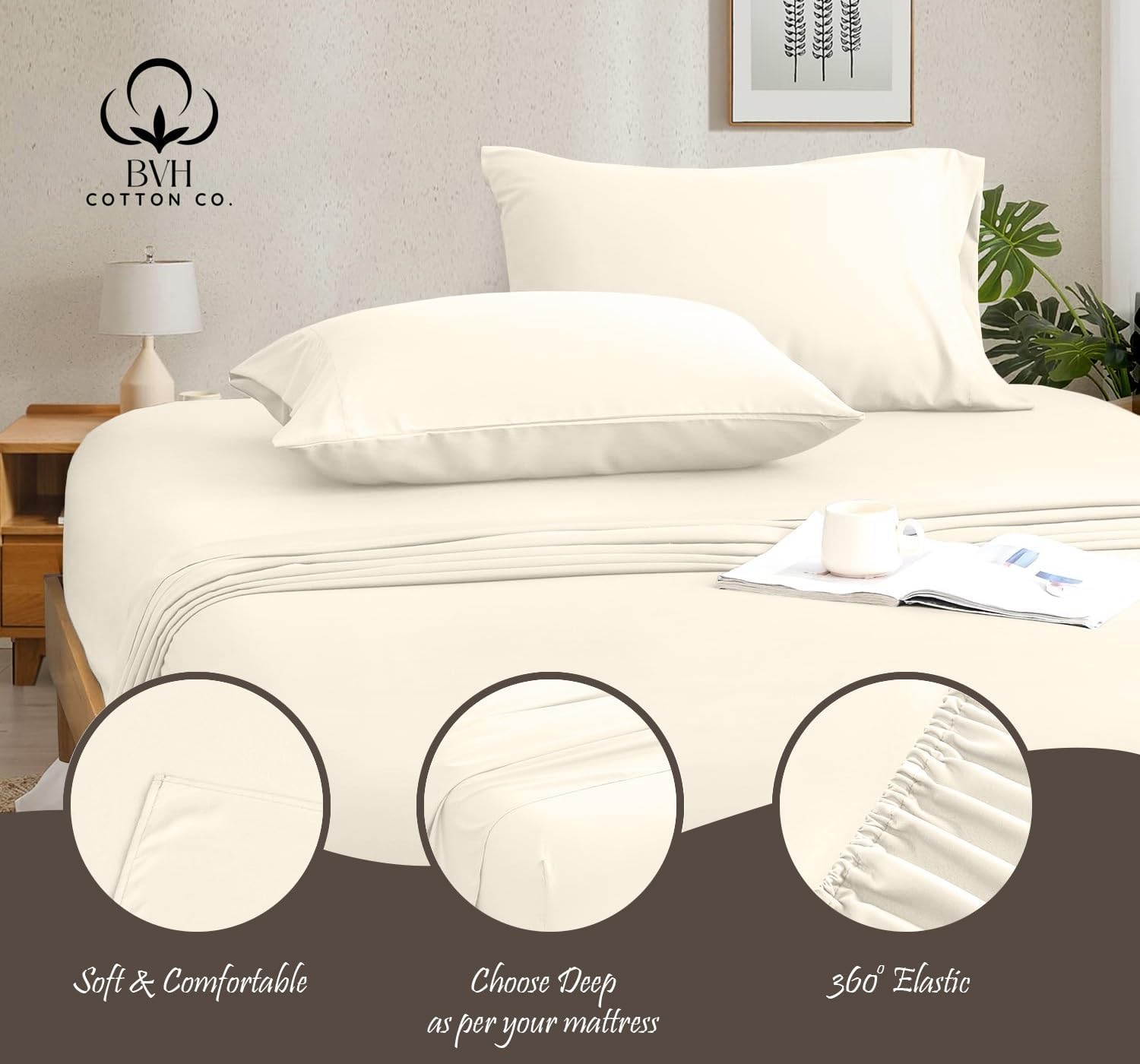 Egyptian Cotton Queen Size Sheet Set, 4Pc Bed Set, Soft & Breathable Percale Weave, Fits 10-12' Deep Pocket, Hotel-Quality 1000 Series Bed Sheets (Solid, Ivory)