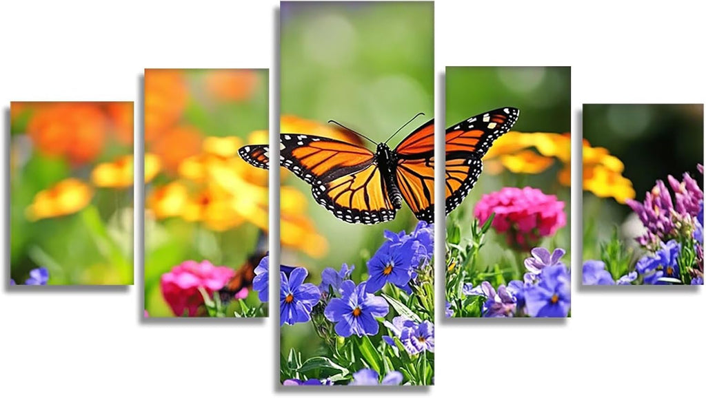 Butterfly Diamond Art 5 Piece Diamond Painting Flowers 5D DIY Full Round Drill Dimond Art Paintings Crystal Crafts for Adults Gem Painting for Home Decor, Large Artwork for Wall 48 x 100 Inch,Model219