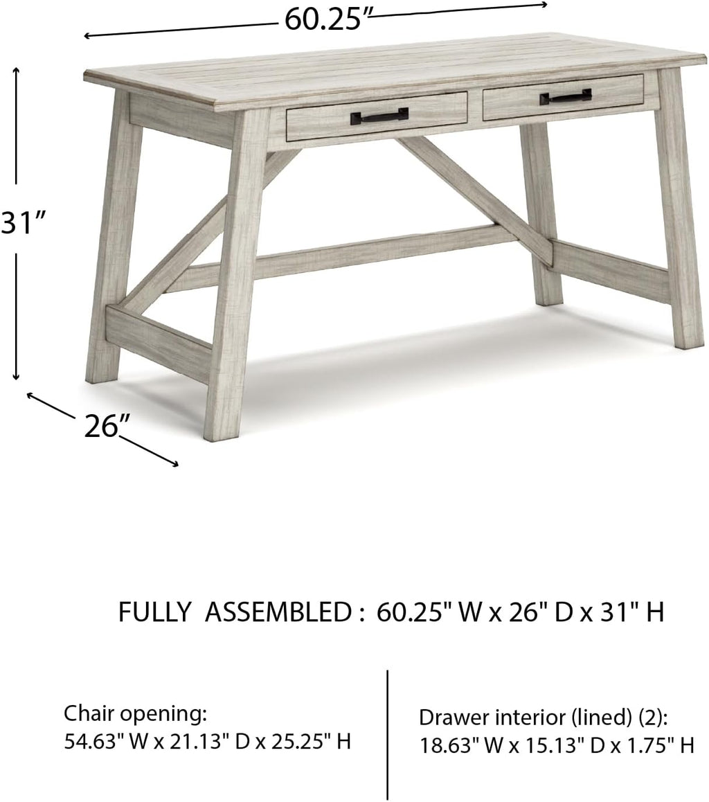 Signature Design by Ashley Carynhurst Farmhouse Large Leg Home Office Desk, 2 Storage Drawers, Vintage Bronze Hardware, Wood, 60.25' Wide, Antique White
