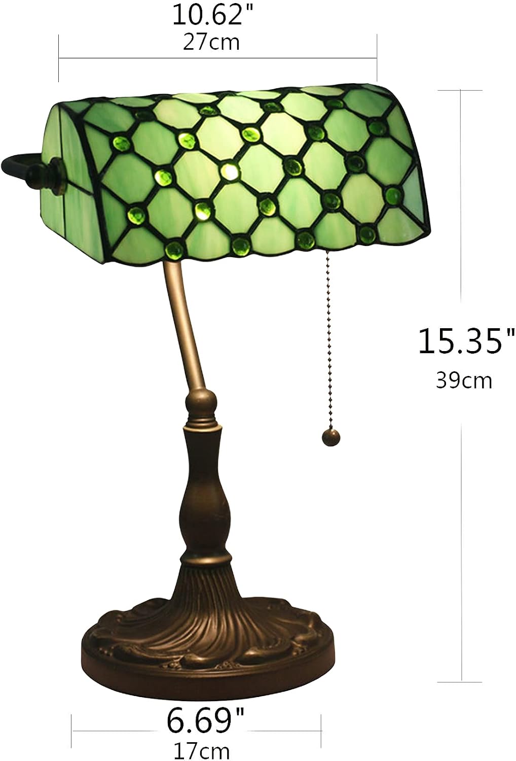 Tiffany Style Bankers Table Lamp Stained Glass Piano Desk Lamp Vintage Bedroom Bedside Lamp for Study,Antique Alloy Base,Zipper Switch,Green a