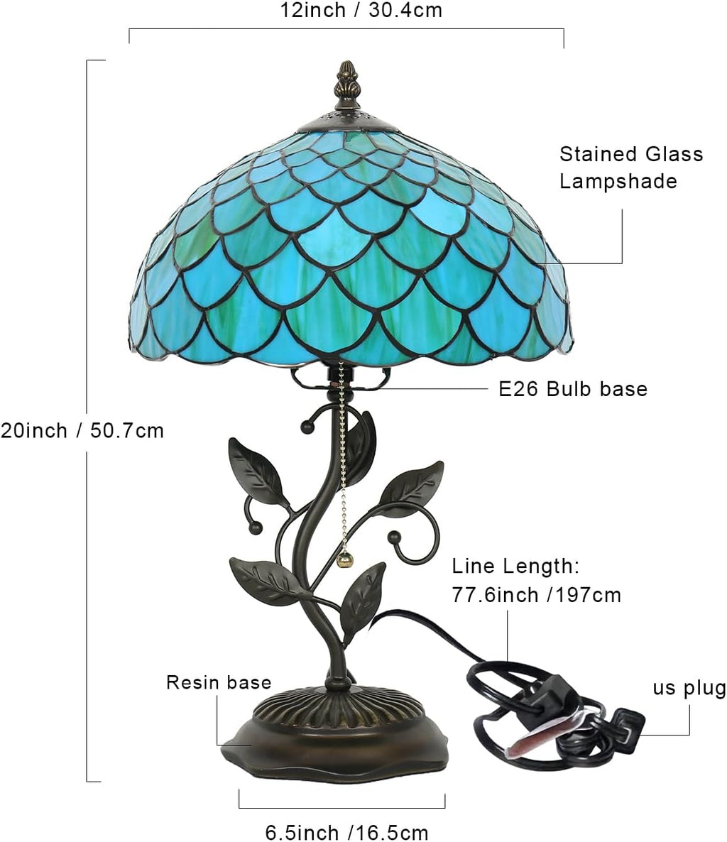 Tiffany Table Lamp, Stained Glass Blue Green Fish Scale Style, Metal Leaf Base Decor Lamp, 12x12x19 Inch for Bedroom, Living Room, Home, Office