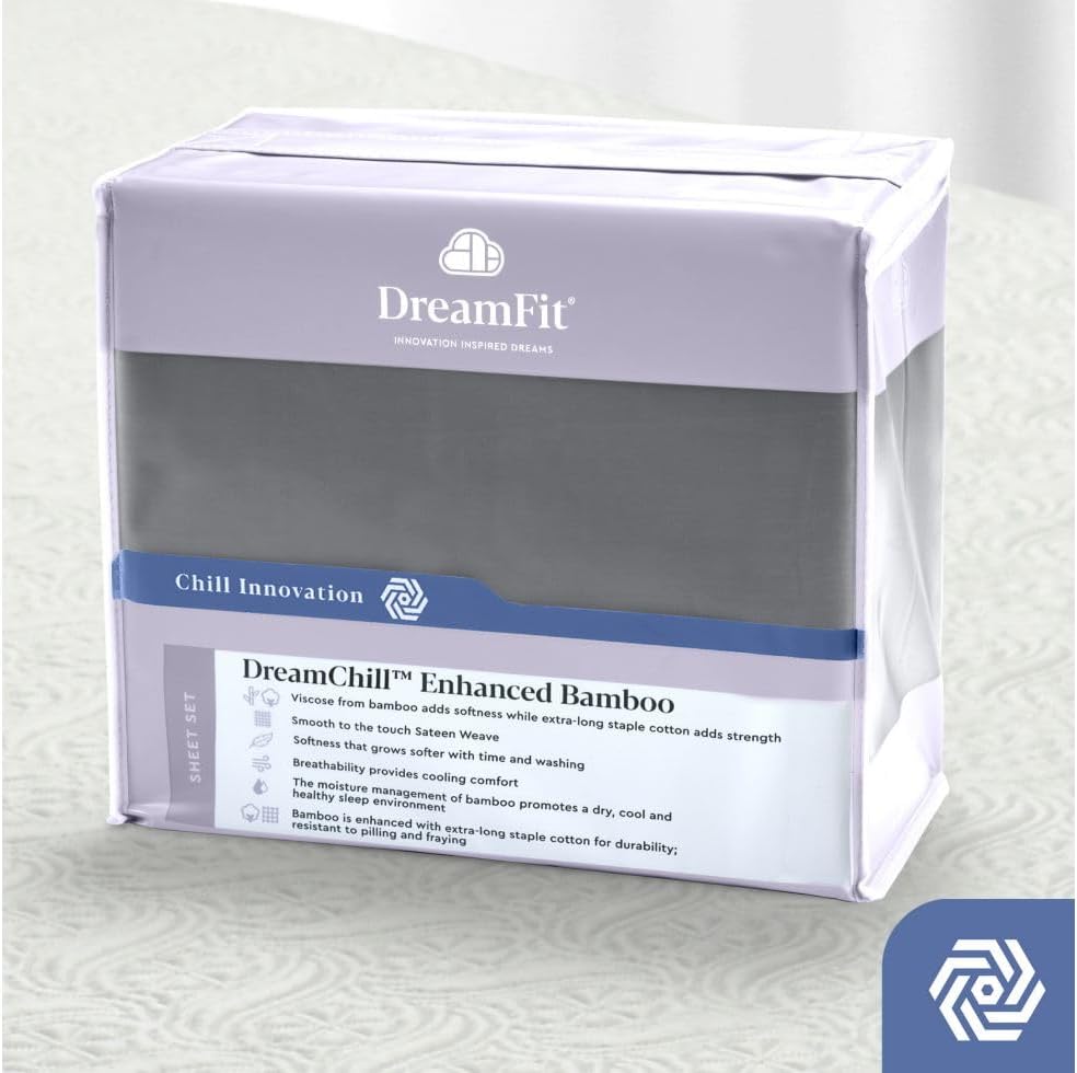 DreamFit DreamChill Cooling Bamboo Viscose Sheets for Hot Sleepers with Elastic Corner Straps 20 inch Extra Deep Pocket Breathable Silky Soft 100% Crafted in USA Queen Sheet Set Blue