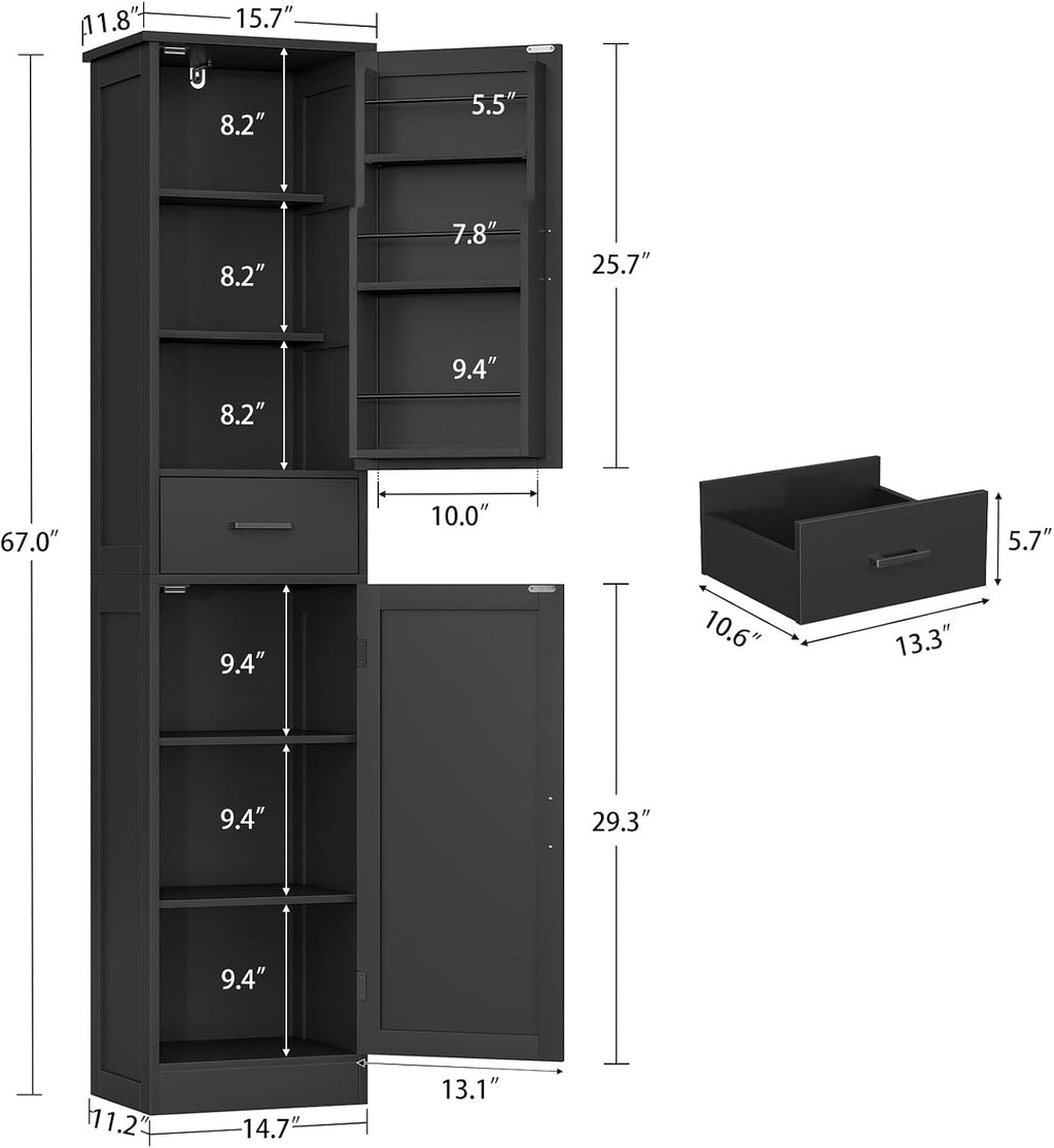 TEENFON Tall Storage Cabinet with 3 Door Shelves & 1 Drawer, Narrow Kitchen Pantry Cabinet for Living Room, Bathroom, Entryway, Black
