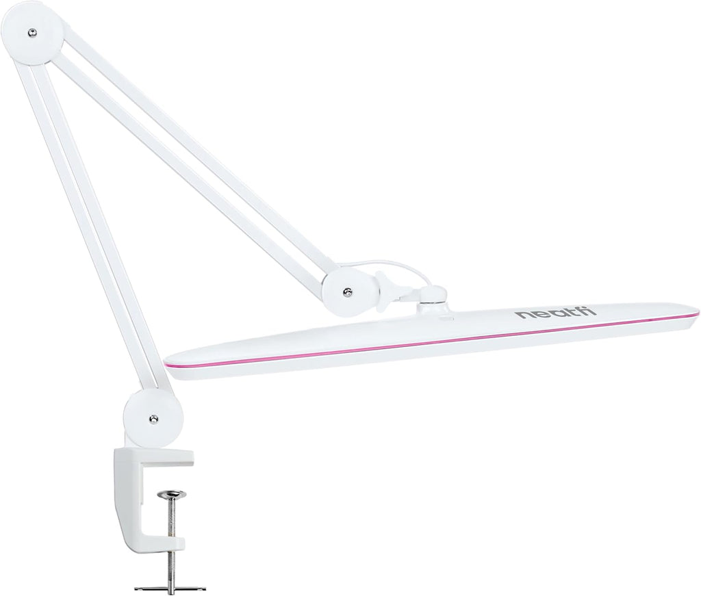 Neatfi XL 2,200 Lumens 24W LED Desk Lamp – 23' Wide Shade | Dimmable Eye-Caring Task Light | Adjustable Arm | Home Office, Study, Crafts & Nail Tech (White with Pink Ring, Non-CCT with Clamp)