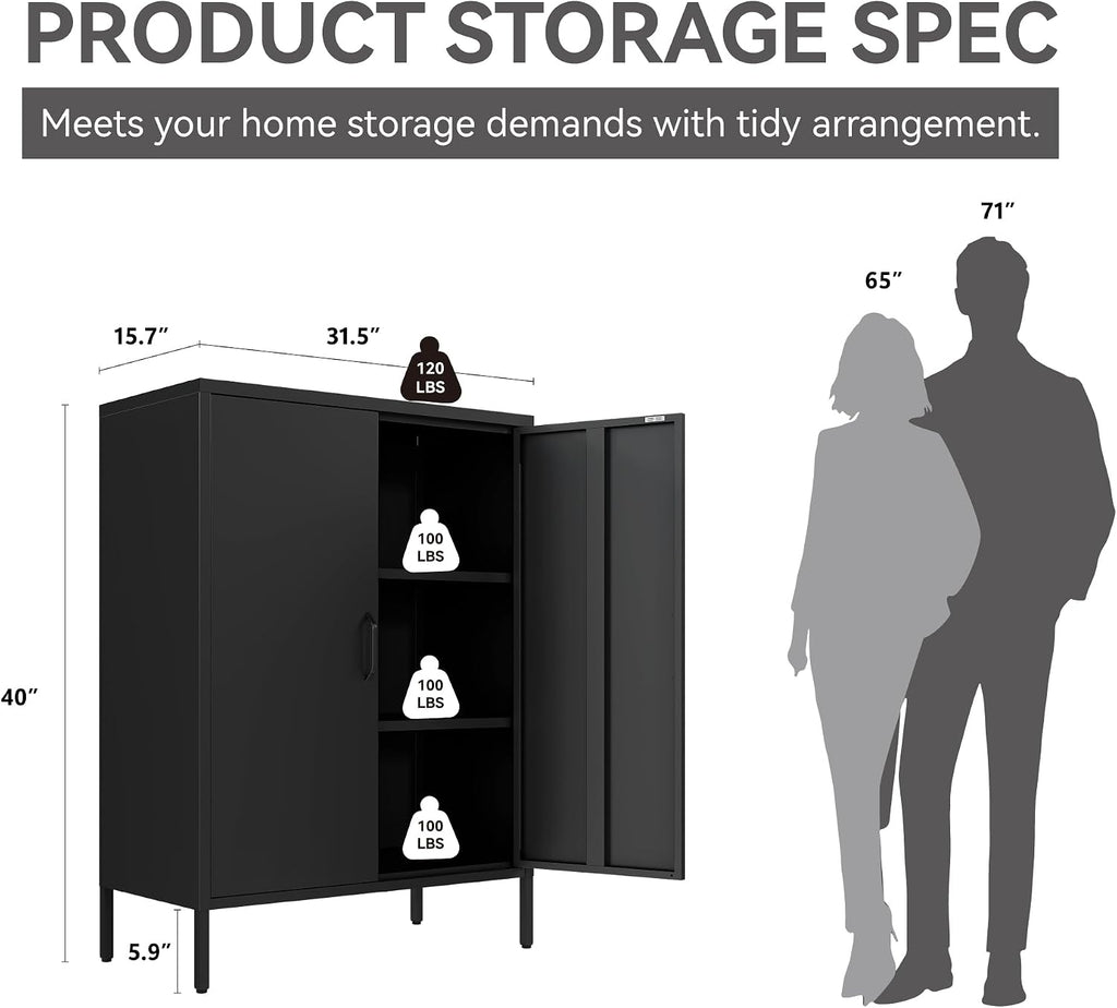 Metal Locker Cabinet, Black Storage Cabinets with 2 Doors and Adjustable Shelves, 3 Tier Modern Storage Freestanding Sideboard for Living Room,School,Office Home Kitchen and Coffee Bar