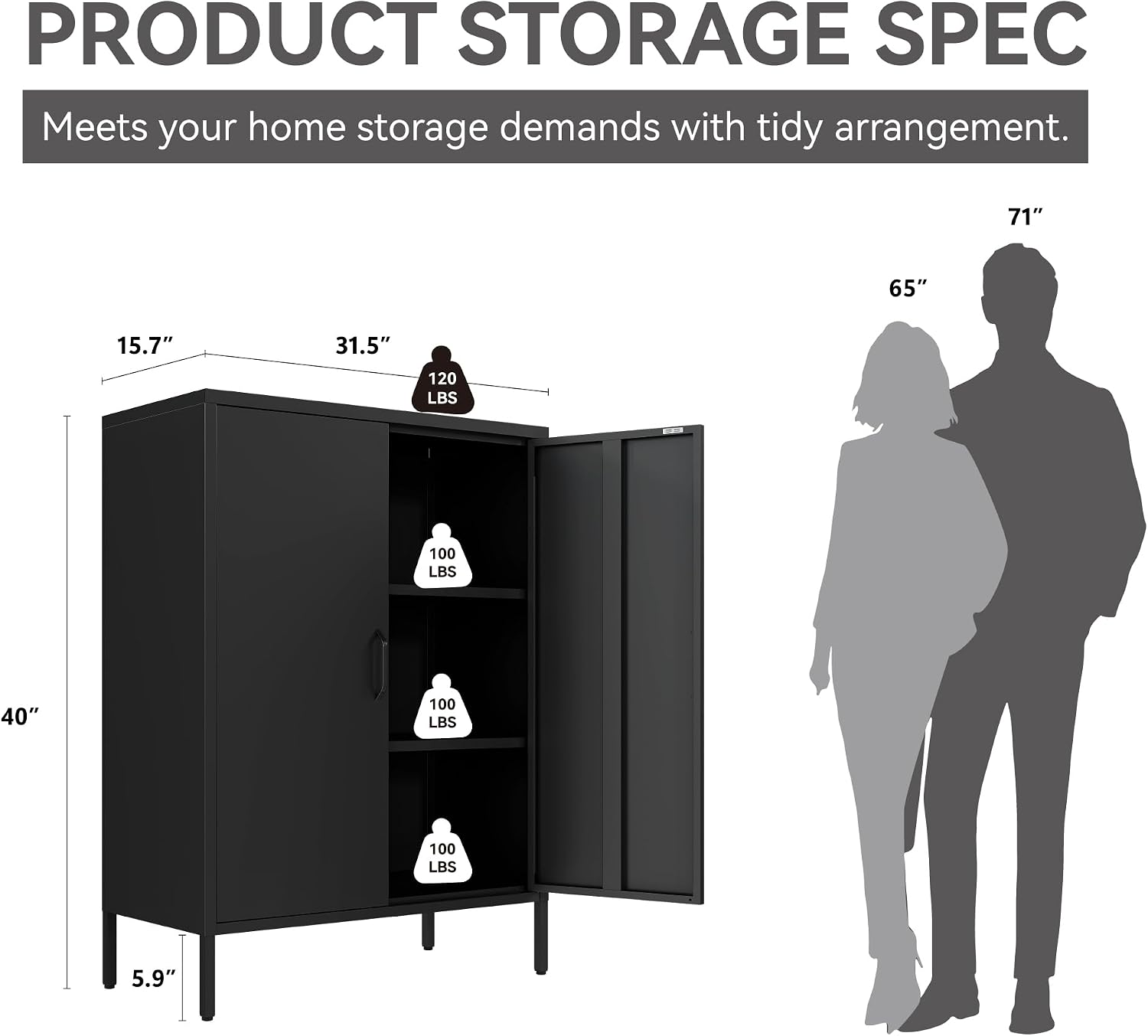 Metal Locker Cabinet, Black Storage Cabinets with 2 Doors and Adjustable Shelves, 3 Tier Modern Storage Freestanding Sideboard for Living Room,School,Office Home Kitchen and Coffee Bar