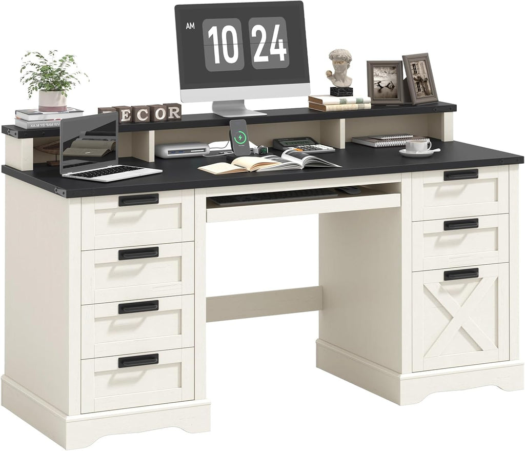 Farmhouse Executive Desk 60' Computer Desk with 8 Drawers and Power Outlets, Wood Home Office Desk with Keyboard Tray & Monitor Stand, Writing Desk Workstation for Bedroom Study, White and Black