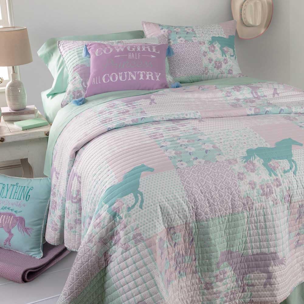 Rod's True Western Cowgirl Princess Pony Patchwork Queen Bed in a Bag – 8 Piece Quilt Bedding Set with Sheets, Shams & Bedskirt, Purple Turquoise Pink