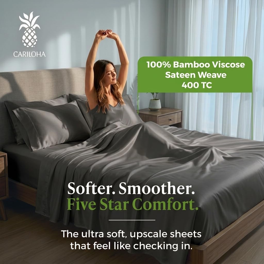 Cariloha Resort 100% Organic Bamboo Viscose Sheets - 5-Piece Split King Sheet Set - 18 in Extra Deep Pockets - Sateen Weave, Cooling, Hypoallergenic Luxury Sheets - Oeko-TEX Standard 100 - Onyx